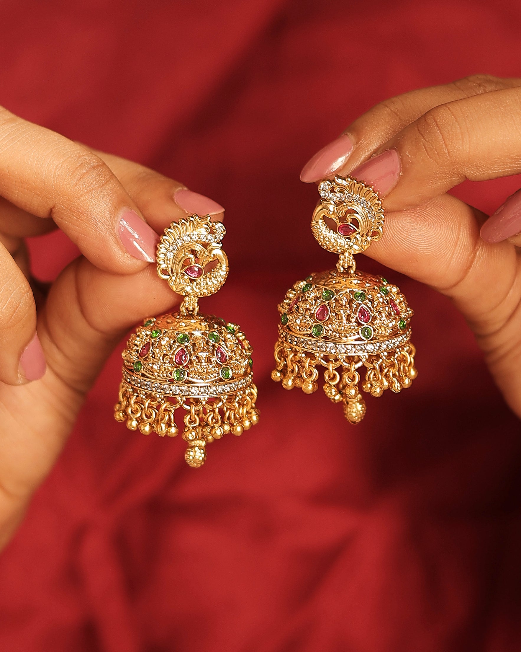 Peacock Design Uncut Kundan Gold Plated Jhumki Earrings - Multi Jhumki Earrings by Yashwanti London