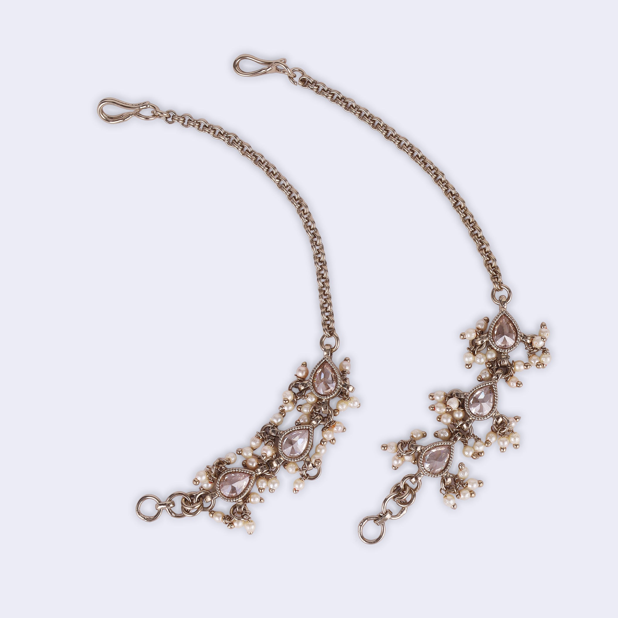 Oval Shape Long Chain Pearl/Kundan Gold Plated Ear Chain / Kaanchain - Brown Ear Chain / Kaanchain by Yashwanti London