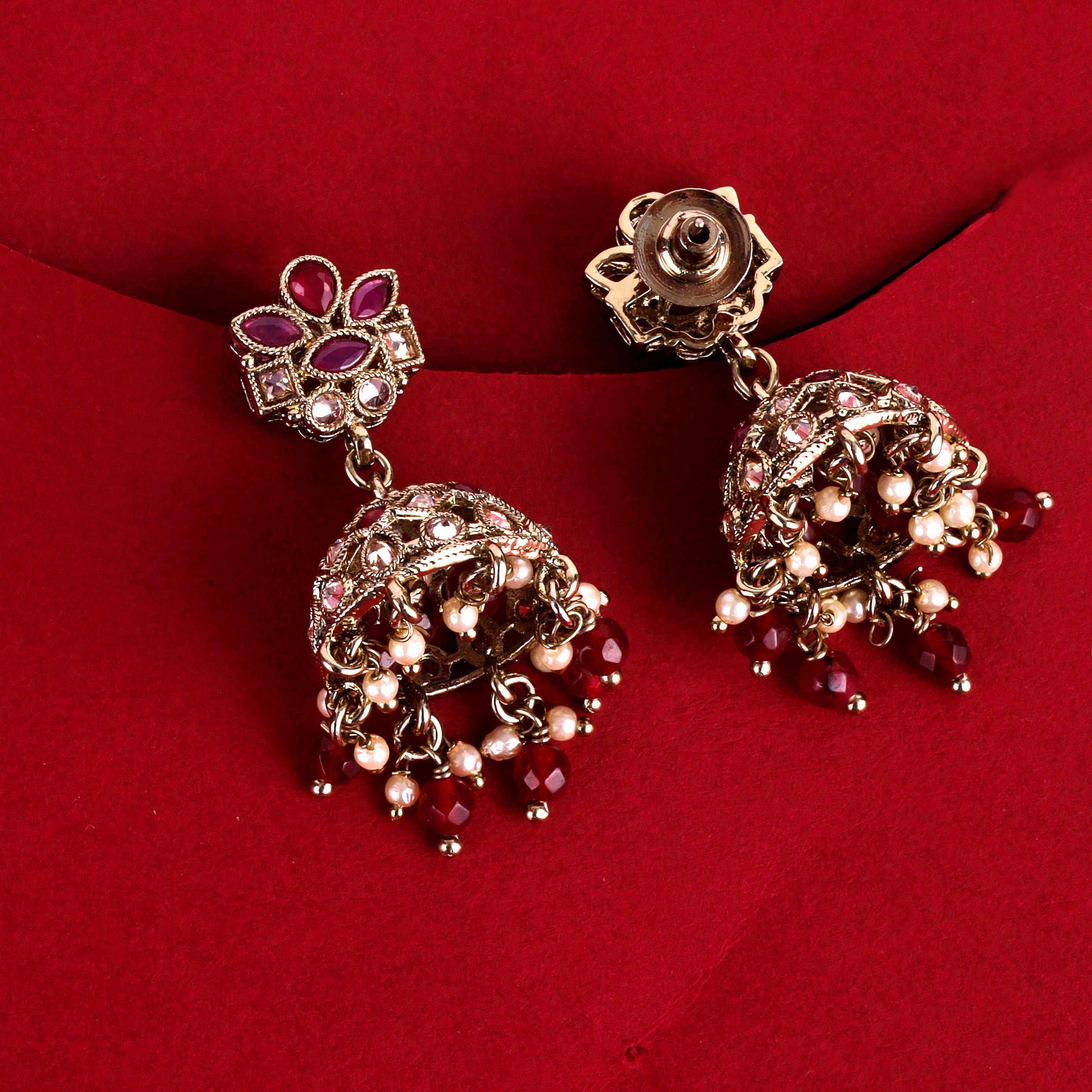 Flower Design Maroon Uncut Kundan Stone Antique Gold Plated Jhumki Earrings - Maroon Jhumki Earrings by Yashwanti London