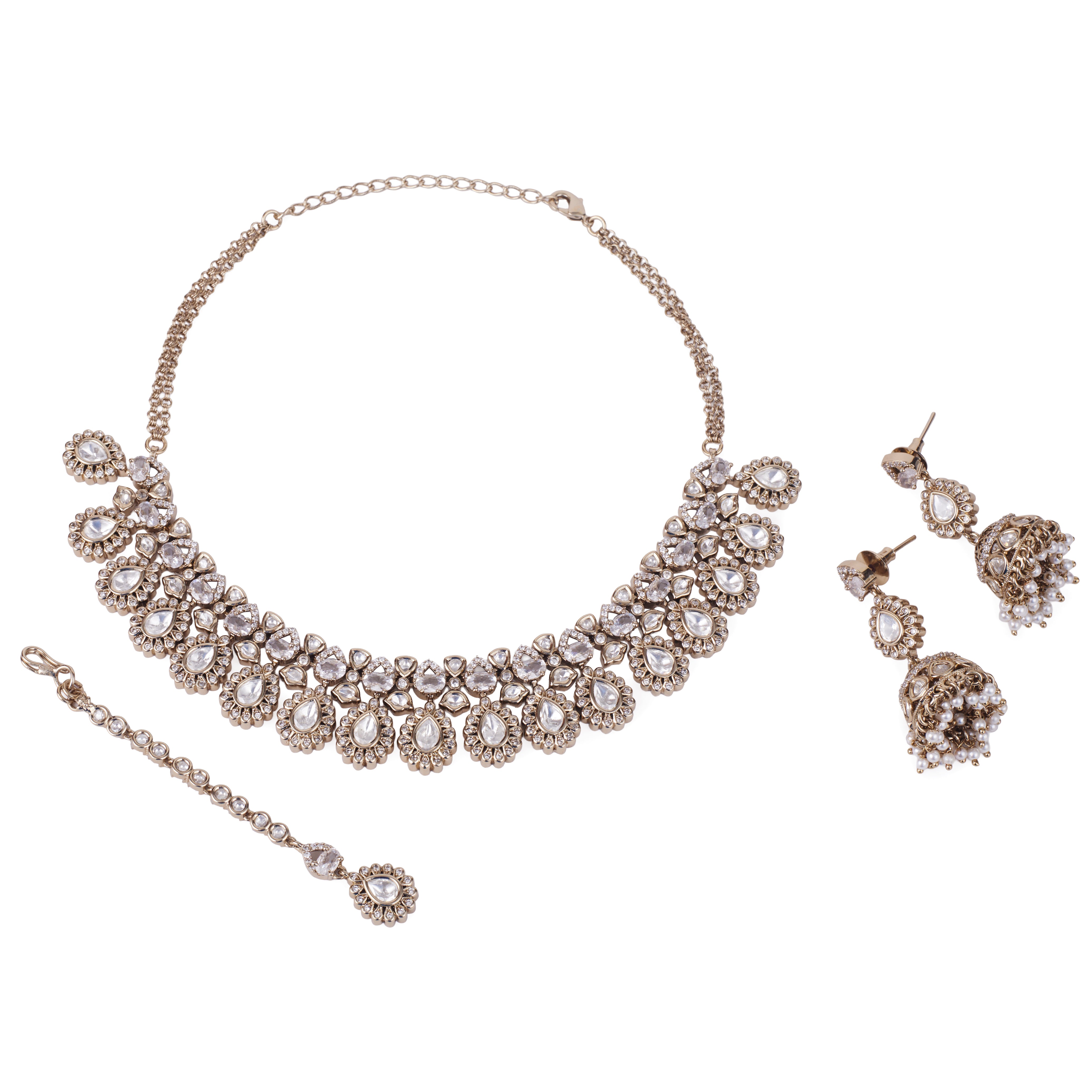 Oval Shape Uncut Kundan Stone Gold Plated Choker Necklace Set - White Choker Necklace Set by Yashwanti London
