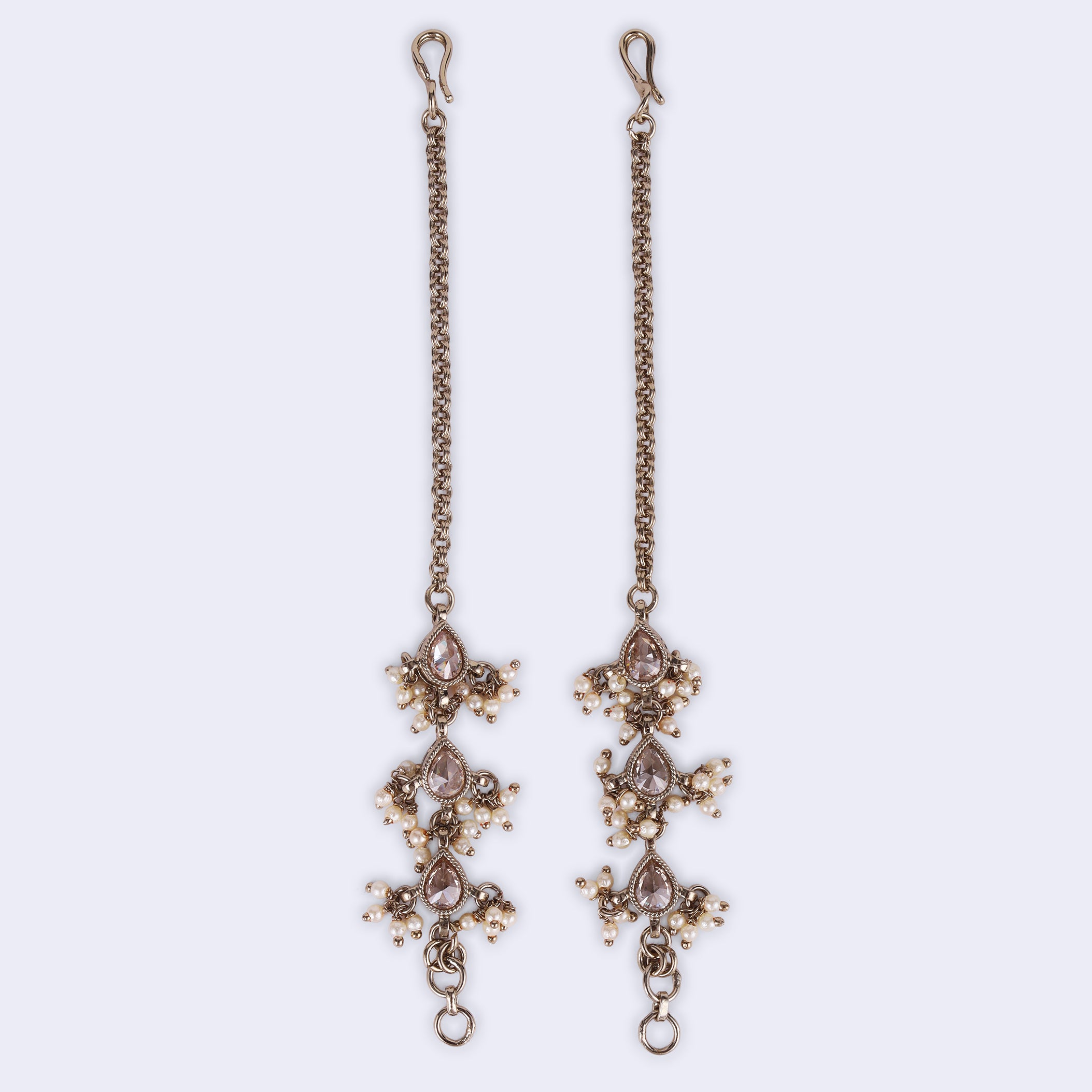 Oval Shape Long Chain Pearl/Kundan Gold Plated Ear Chain / Kaanchain - Brown Ear Chain / Kaanchain by Yashwanti London