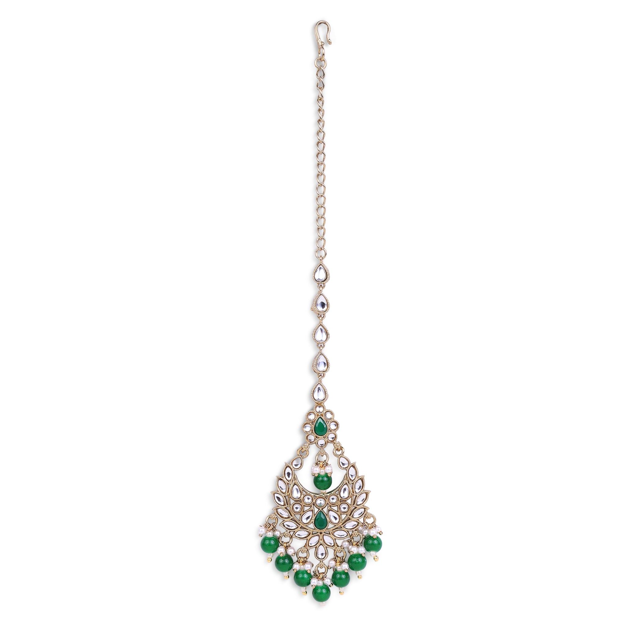 Chandiler and Flower Shape Uncut Kundan Silver Gold Plated Maang Tikka - Green Maang Tikka by Yashwanti London