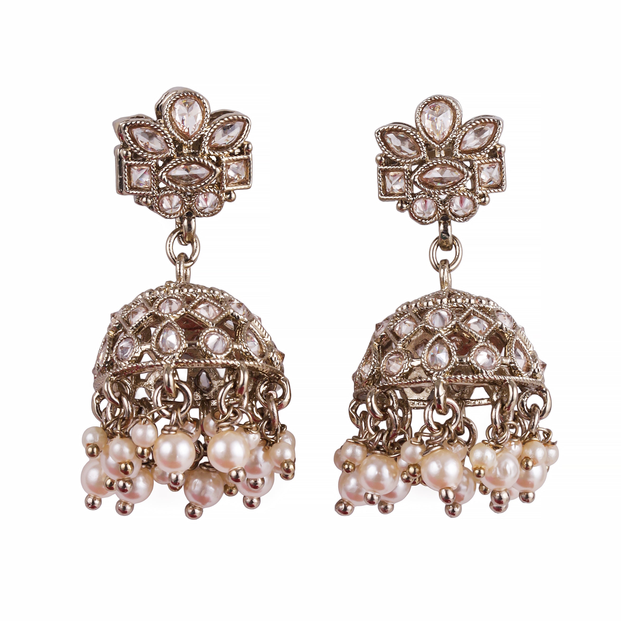 Flower Design Brown Uncut Kundan Stone Antique Gold Plated Jhumki Earrings - Brown Jhumki Earrings by Yashwanti London