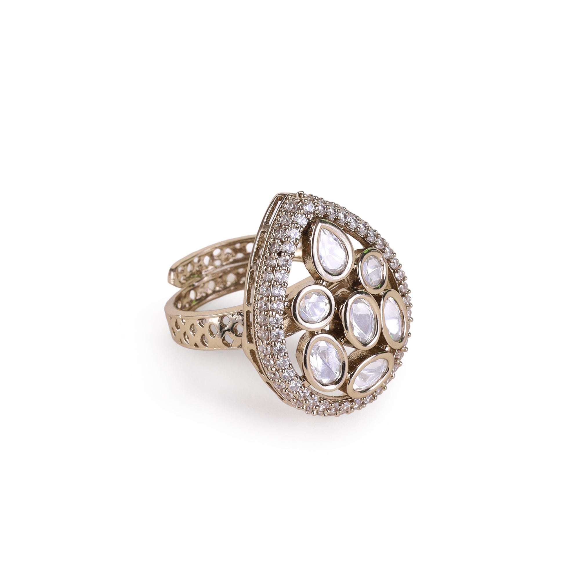 Oval Shape White Stone Uncut Kundan Antique Gold Plated Adjustable Ring - Green and White Adjustable Ring by Yashwanti London