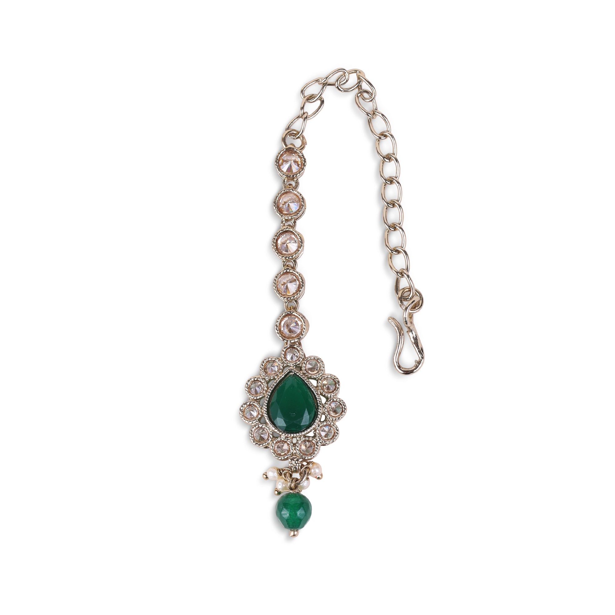 Oval Shape Uncut Kundan Silver Gold Plated Maang Tikka - Green Maang Tikka by Yashwanti London