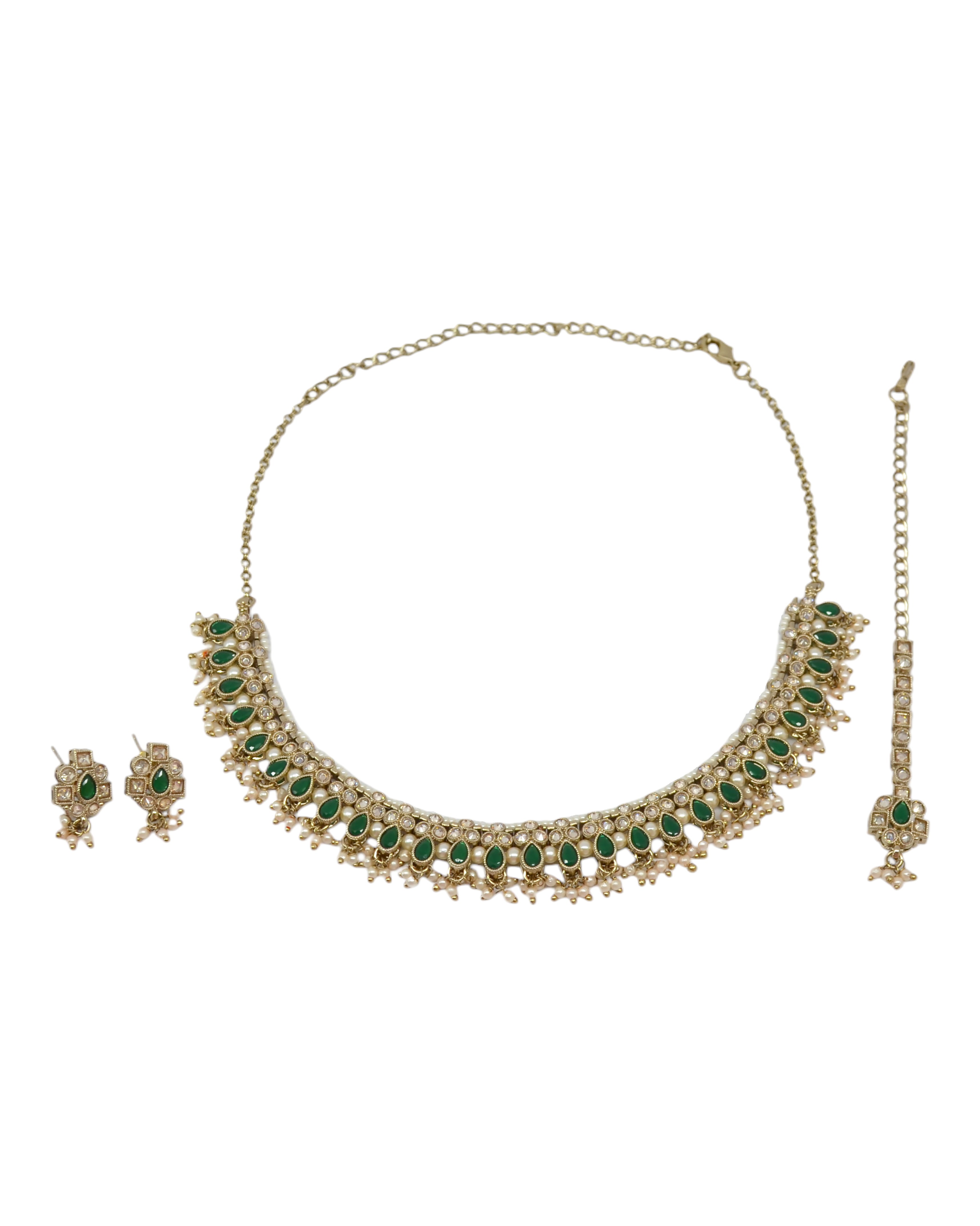Pear Shape Pearl Guchha Uncut Kundan Antique Gold Plated Necklace Set With Maang Tikka - Green Necklace Set With Maang Tikka by Yashwanti London