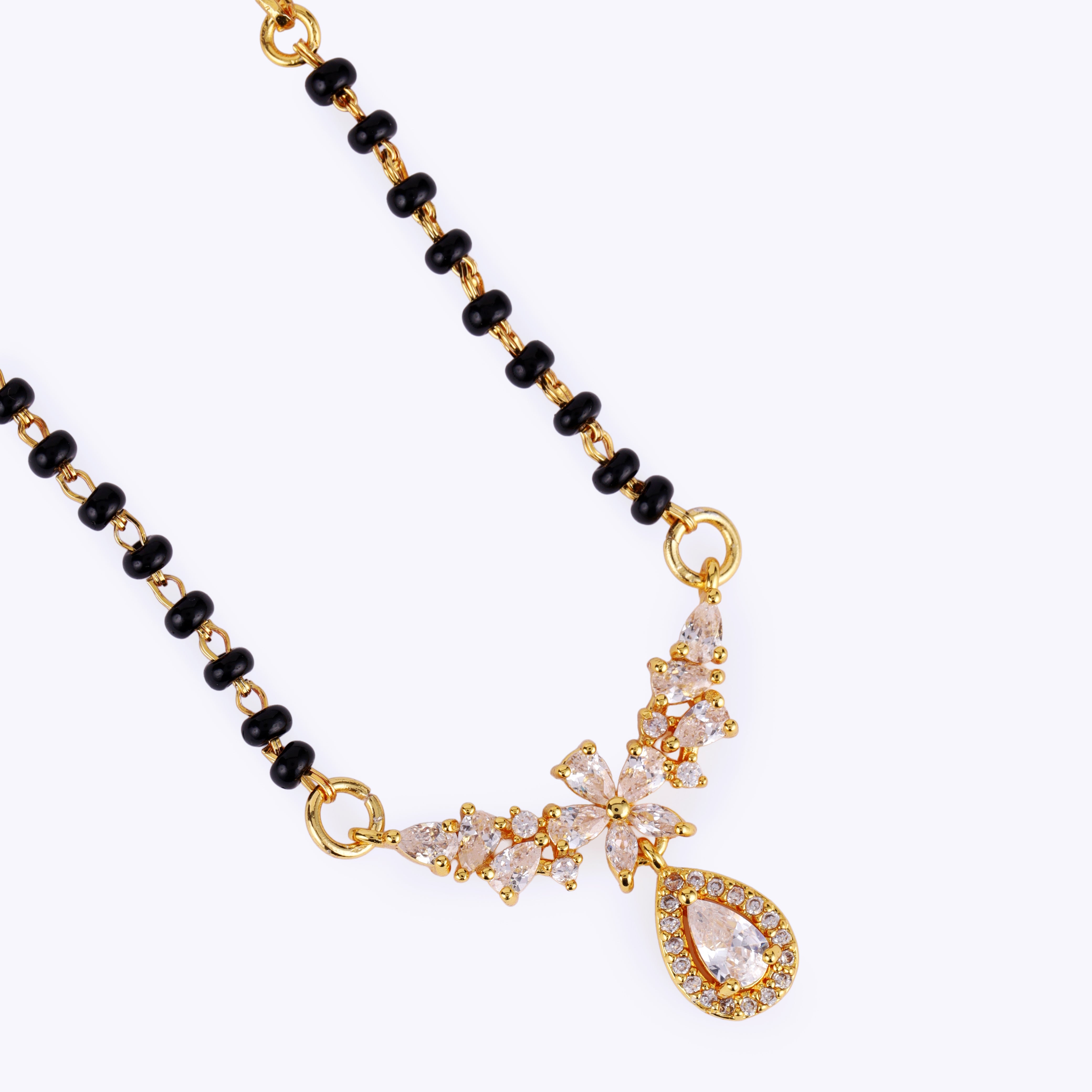 Oval and Flower Design CZ/Black Beads Gold Plated Mangalsutra - Gold Mangalsutra by Yashwanti London