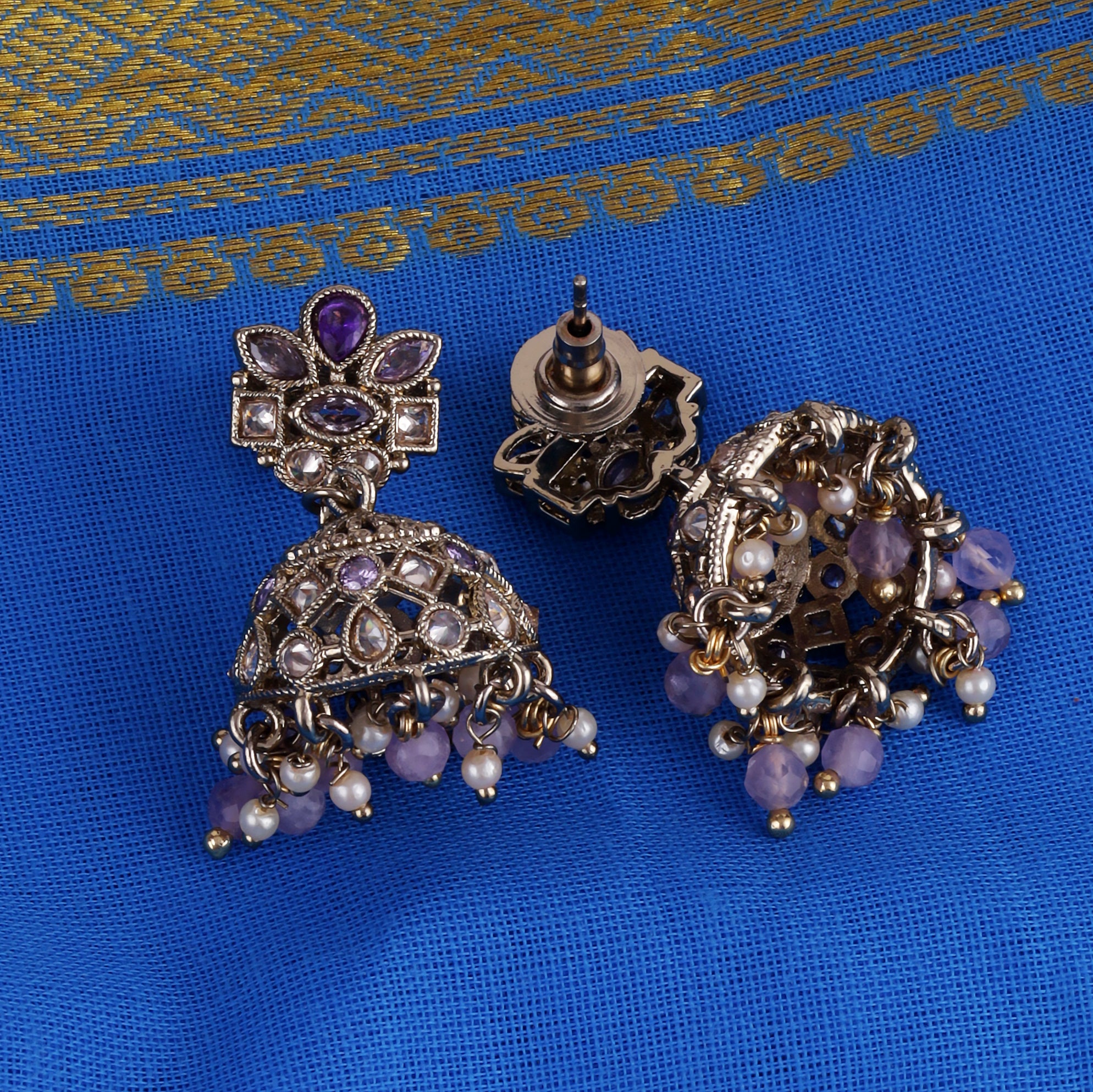 Flower Design Purple Uncut Kundan Stone Antique Gold Plated Jhumki Earrings - Purple Jhumki Earrings by Yashwanti London