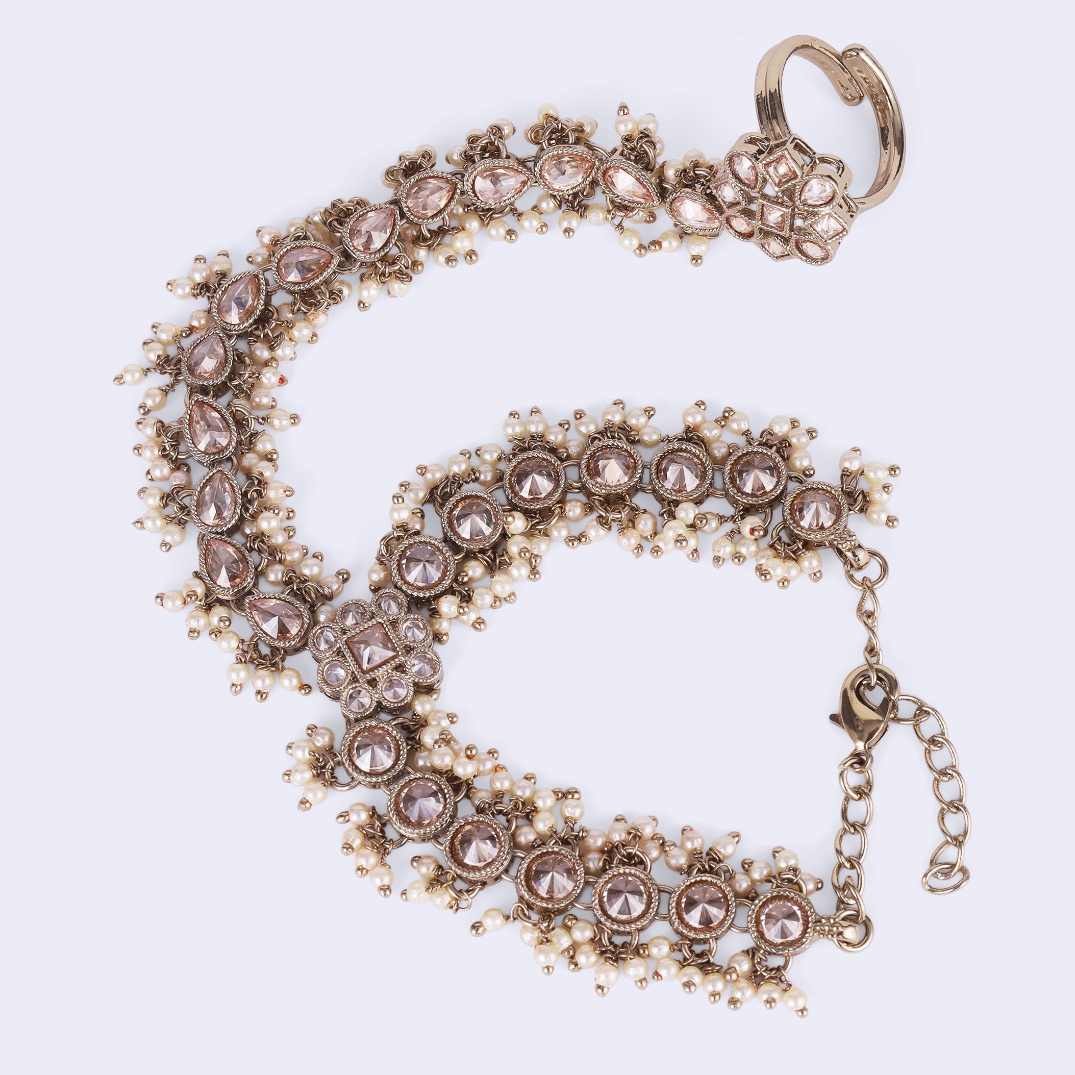 Flower and Oval Design Uncut Kundan Gold Plated Hathphool / Hathpaan - Brown Hathphool / Hathpaan by Yashwanti London