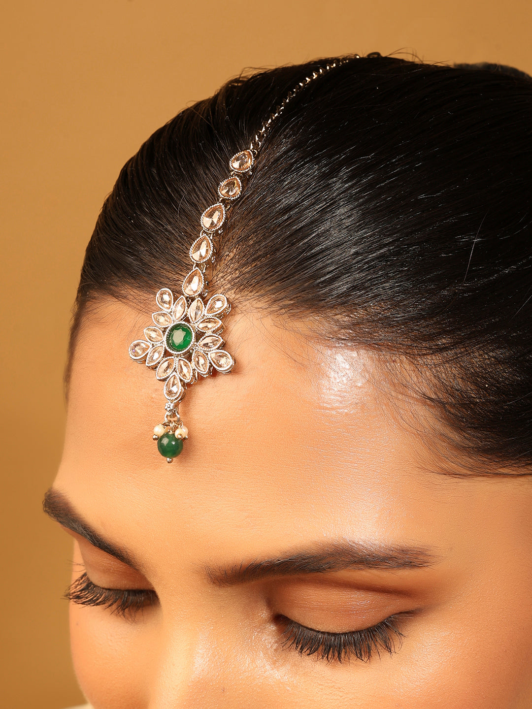 Flower and Oval Shape Uncut Kundan Gold Plated Maang Tikka - Green Maang Tikka by Yashwanti London