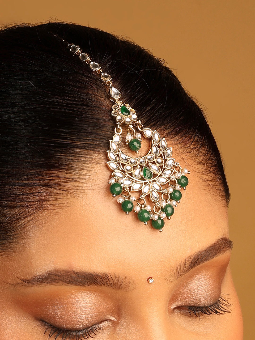 Chandiler and Flower Shape Uncut Kundan Silver Gold Plated Maang Tikka - Green Maang Tikka by Yashwanti London