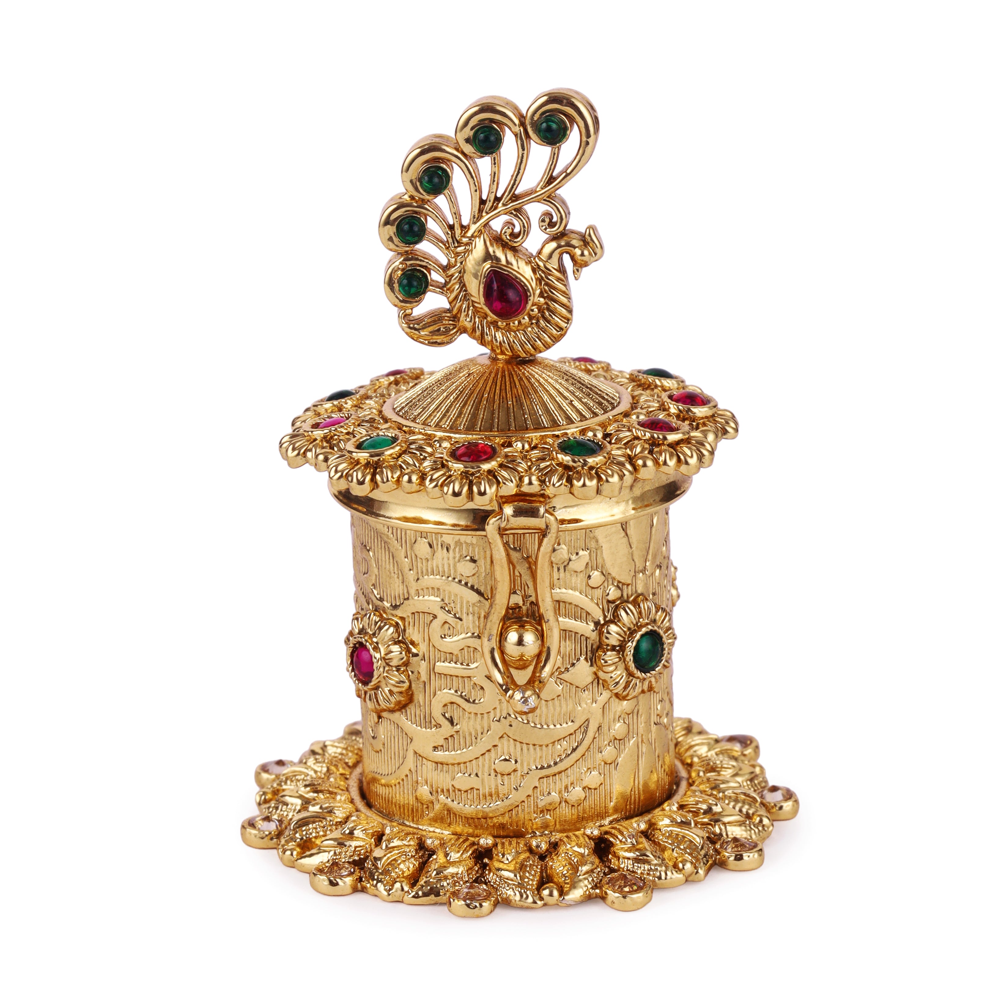 Peacock Design Beads Gold Plated Sindoor Dani - Gold Sindoor Dani by Yashwanti London