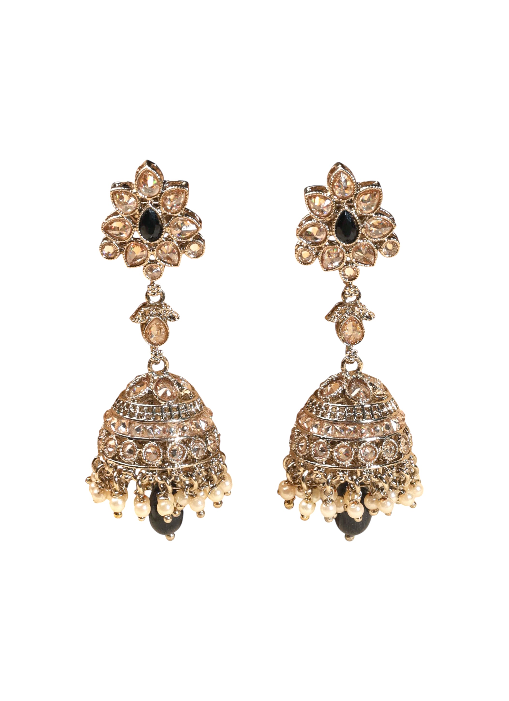 Flower and Oval Shape Uncut Kundan Antique Gold Plated Jhumki Earrings - Black Jhumki Earrings by Yashwanti London