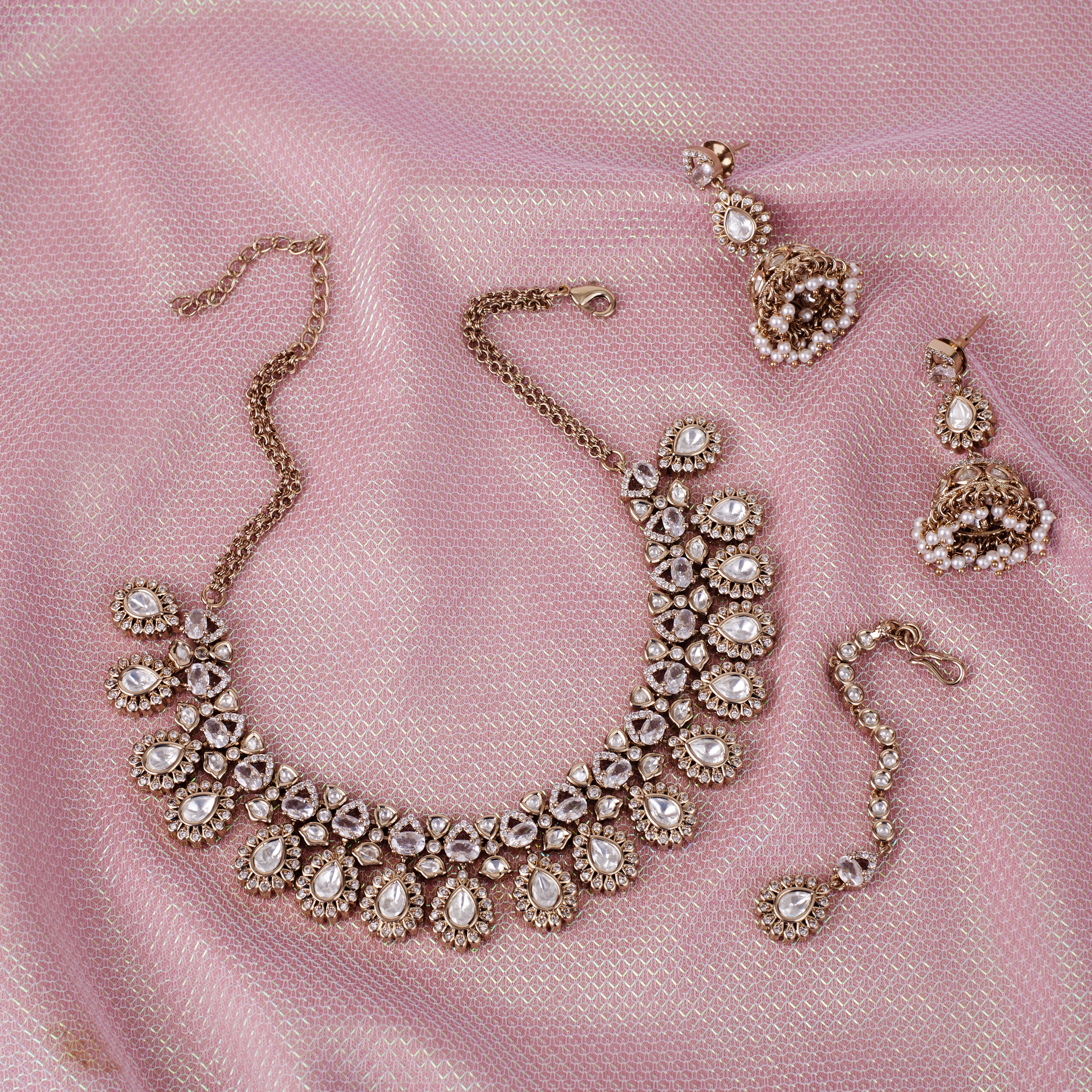 Oval Shape Uncut Kundan Stone Gold Plated Choker Necklace Set - White Choker Necklace Set by Yashwanti London