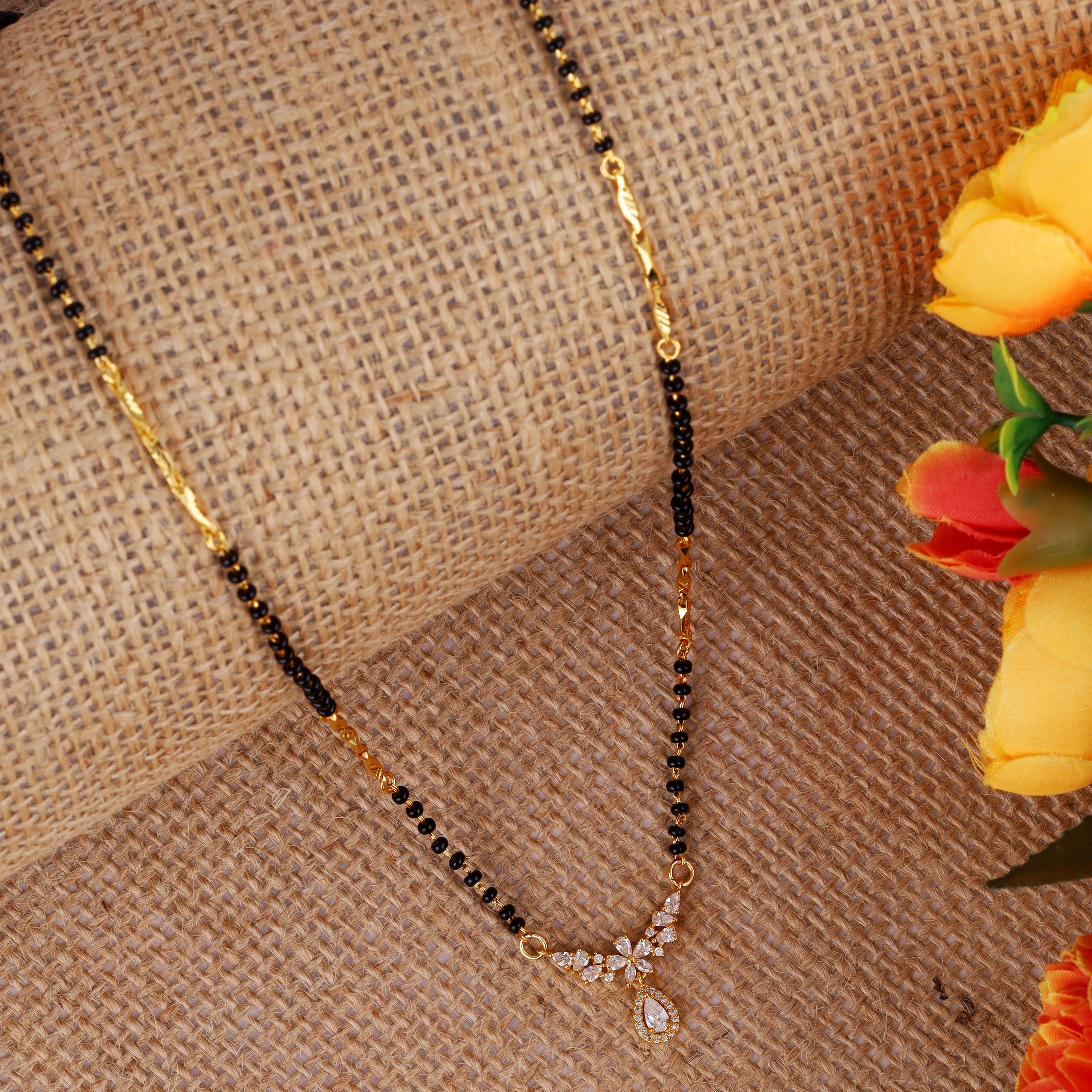 Oval and Flower Design CZ/Black Beads Gold Plated Mangalsutra - Gold Mangalsutra by Yashwanti London