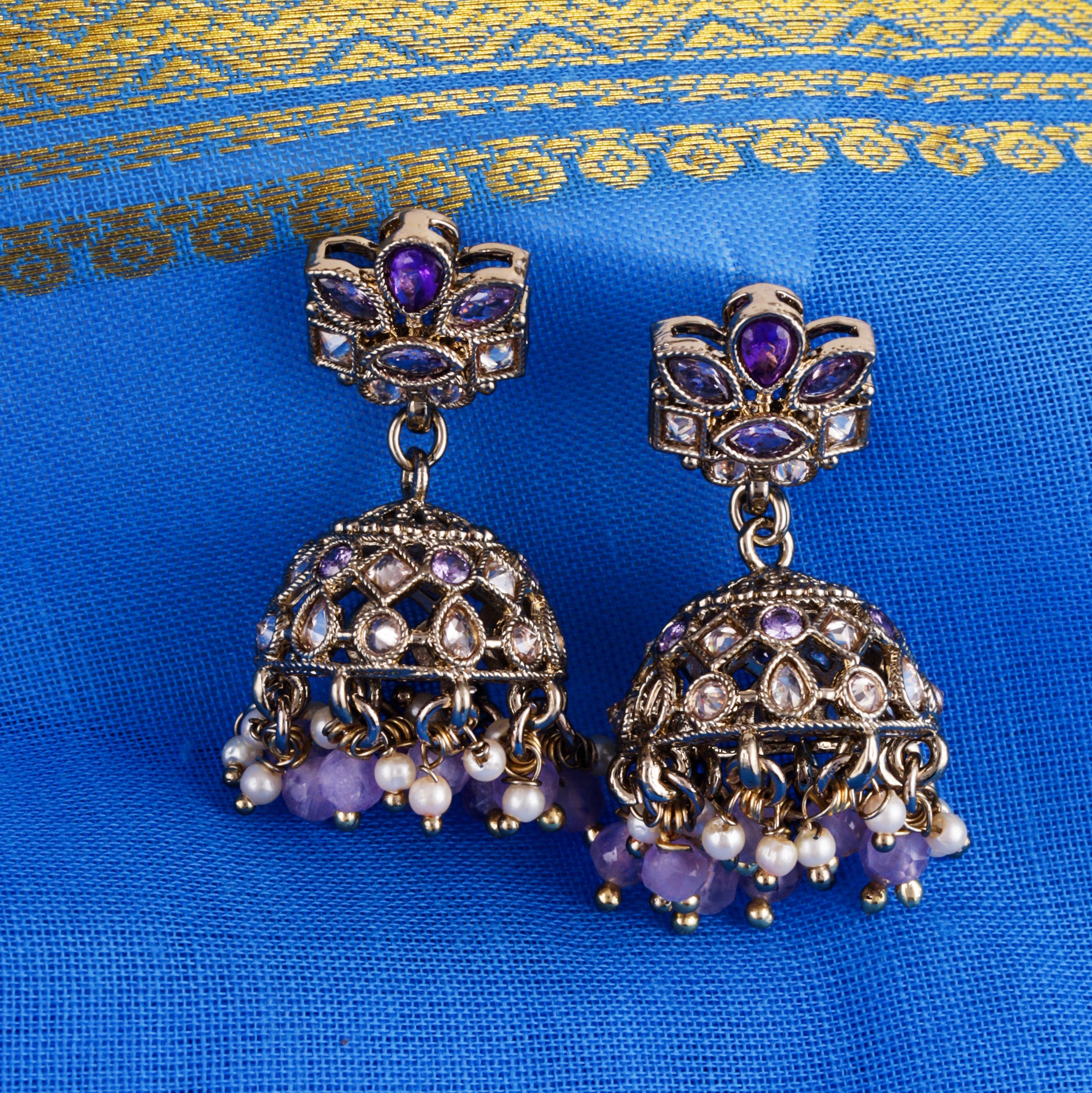 Flower Design Purple Uncut Kundan Stone Antique Gold Plated Jhumki Earrings - Purple Jhumki Earrings by Yashwanti London