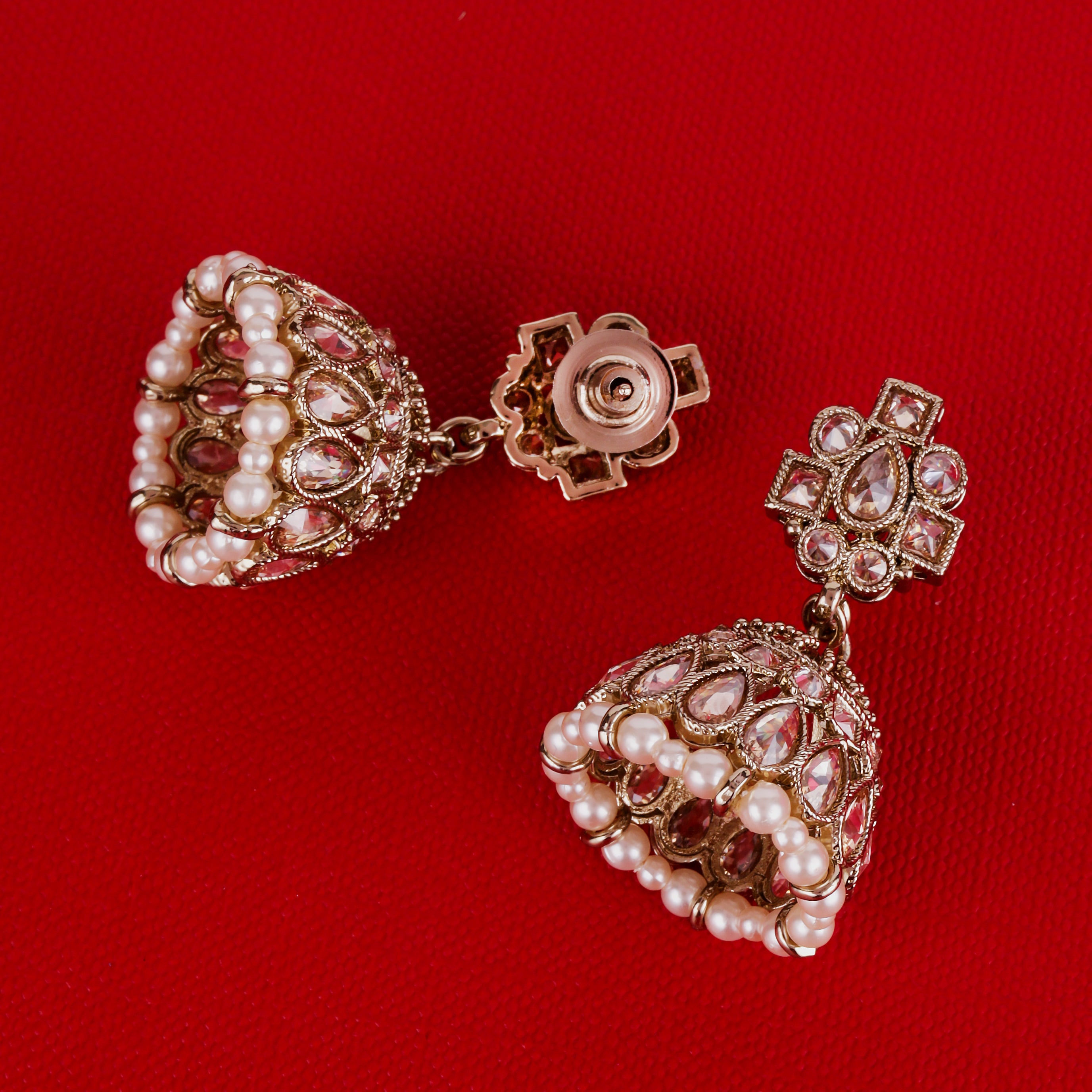 Oval Shape Brown Uncut Kundan Stone Antique Gold Plated Jhumki Earrings - Brown Jhumki Earrings by Yashwanti London