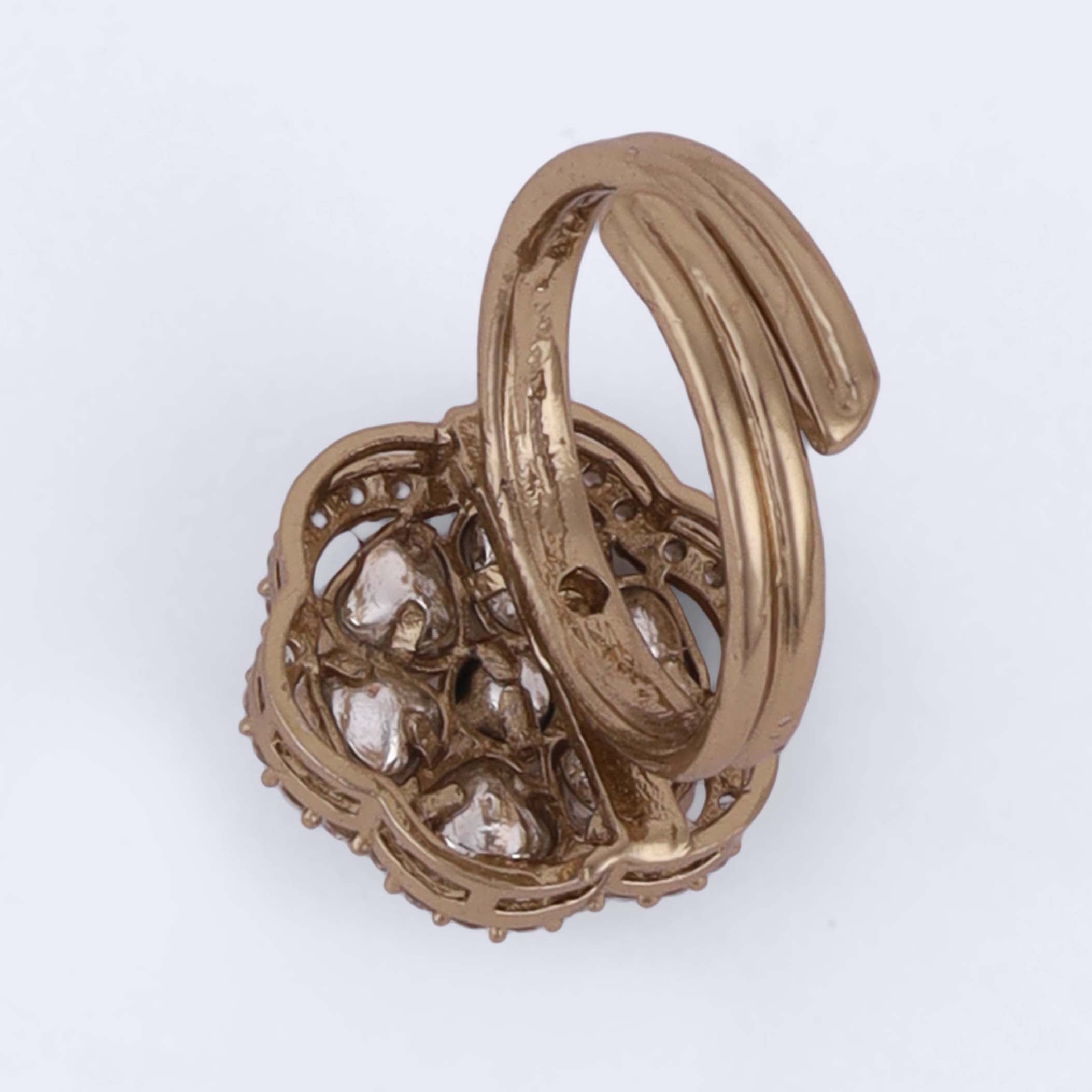 Round and Trangle Shape Uncut Kundan Gold Plated Adjustable Ring - White Adjustable Ring by Yashwanti London