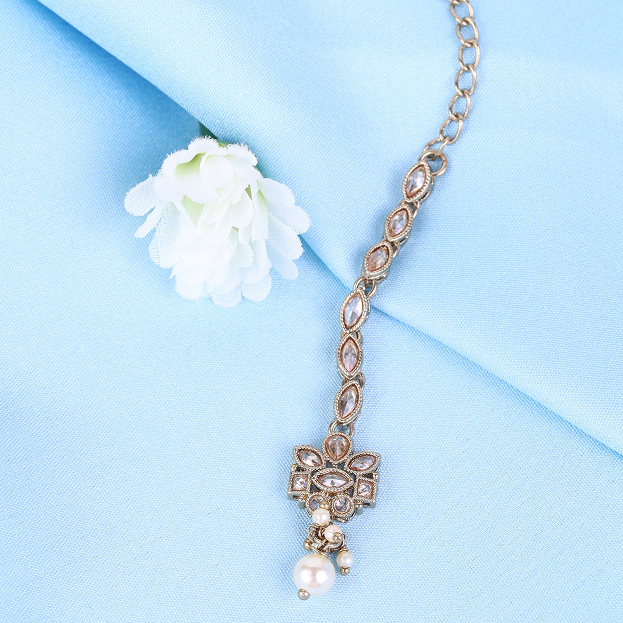 Flower Shape and Pearl Uncut Kundan Silver Gold Plated Maang Tikka - White Maang Tikka by Yashwanti London