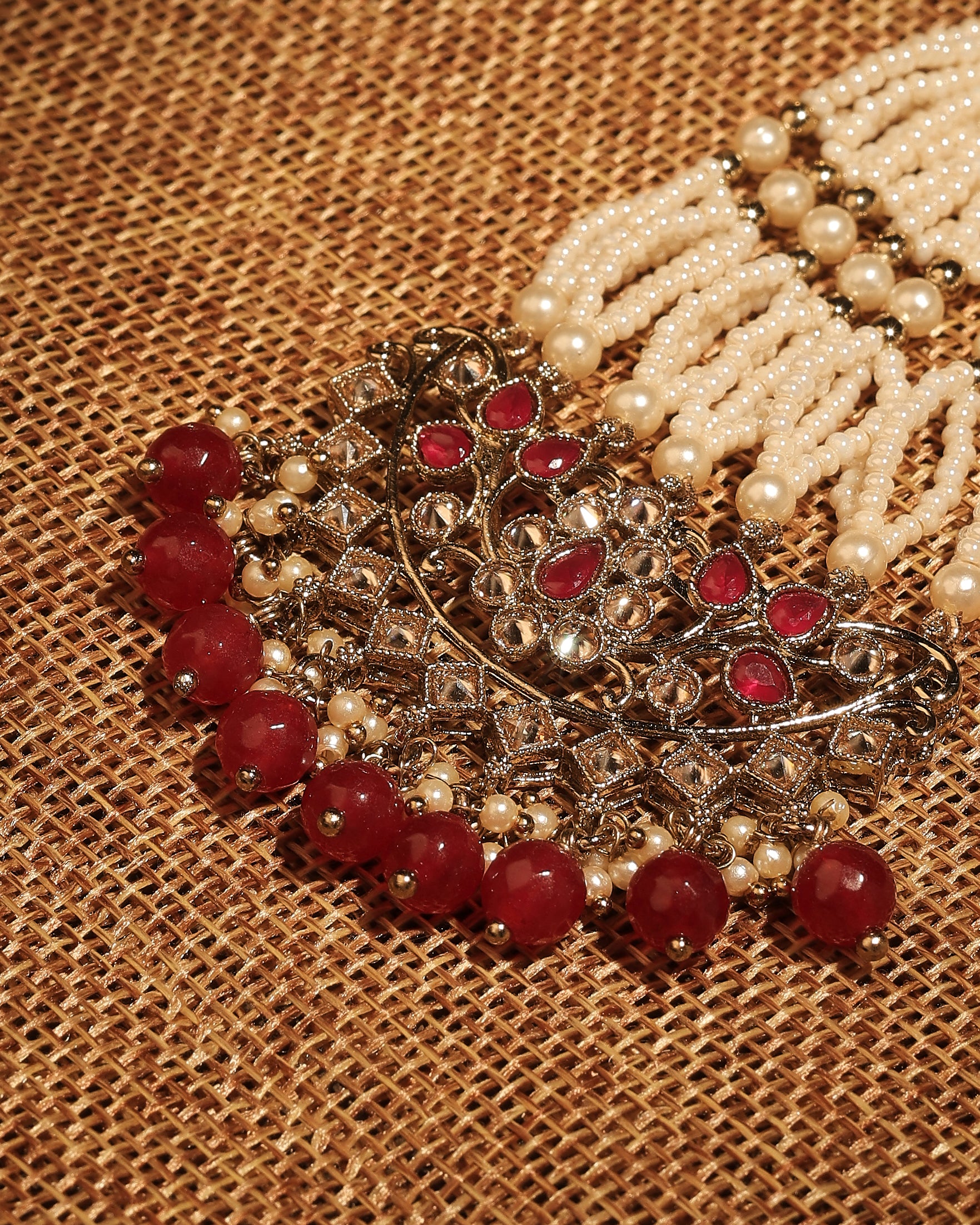 Flower and Leaf Design Uncut Kundan Gold Plated Passa / Matha Patti - Ruby Passa / Matha Patti by Yashwanti London