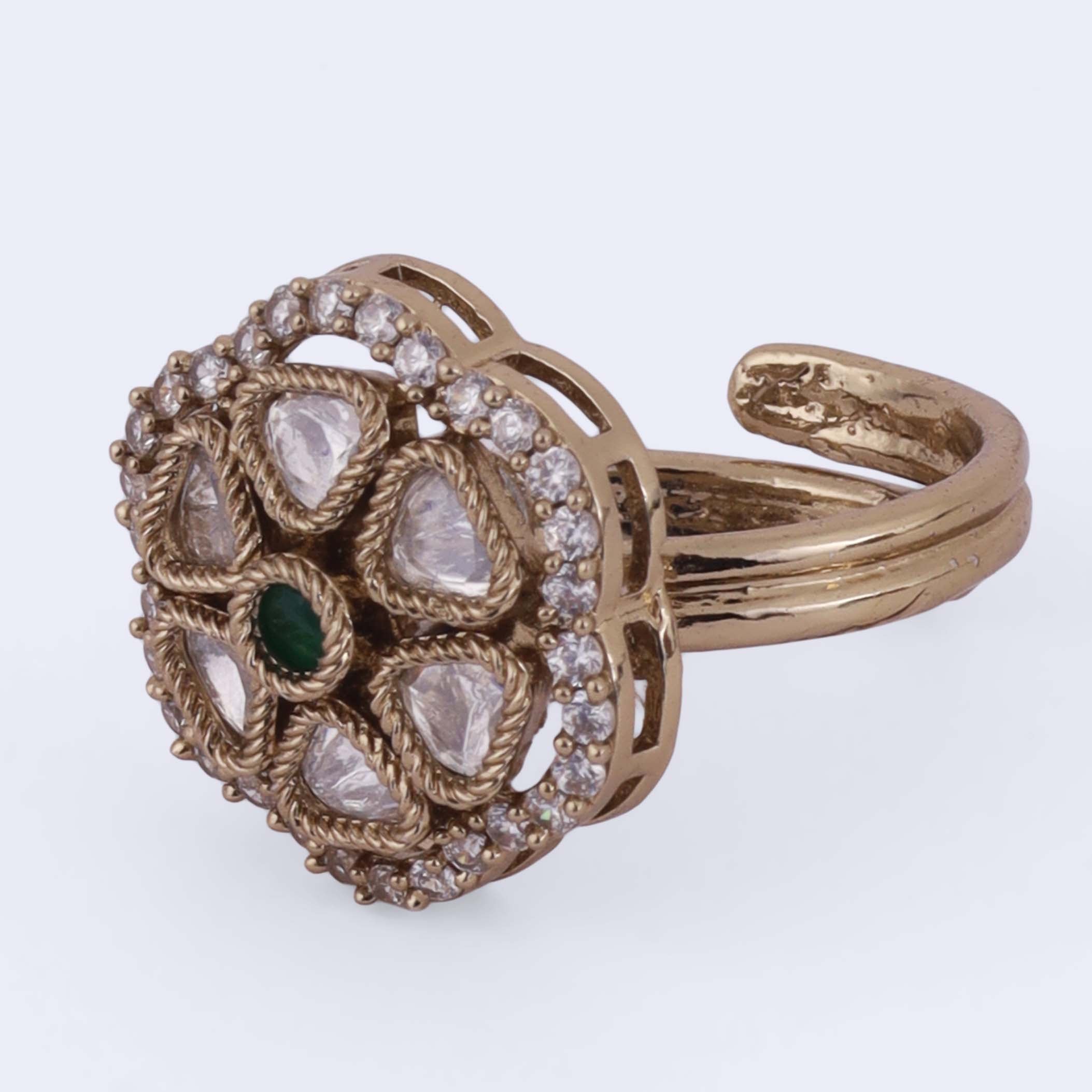 Round and Trangle Shape Uncut Kundan Gold Plated Adjustable Ring - White Adjustable Ring by Yashwanti London