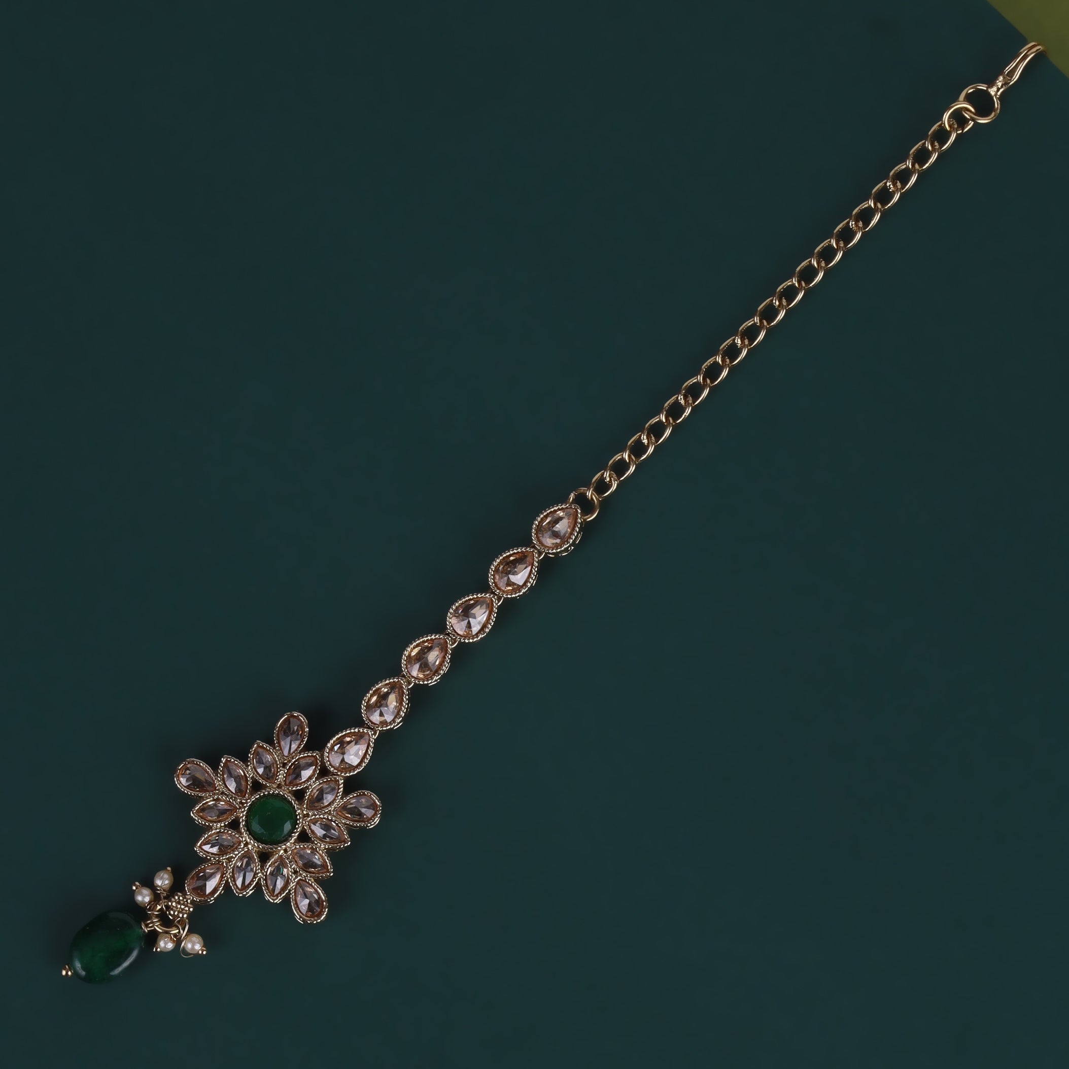 Flower and Oval Shape Uncut Kundan Gold Plated Maang Tikka - Green Maang Tikka by Yashwanti London