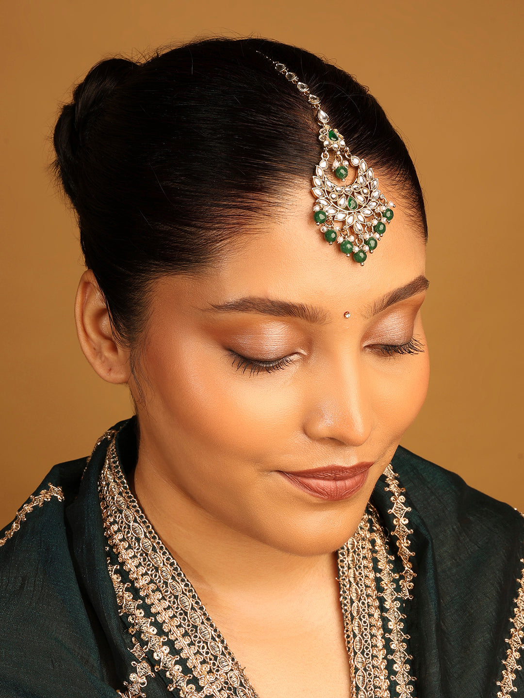 Chandiler and Flower Shape Uncut Kundan Silver Gold Plated Maang Tikka - Green Maang Tikka by Yashwanti London
