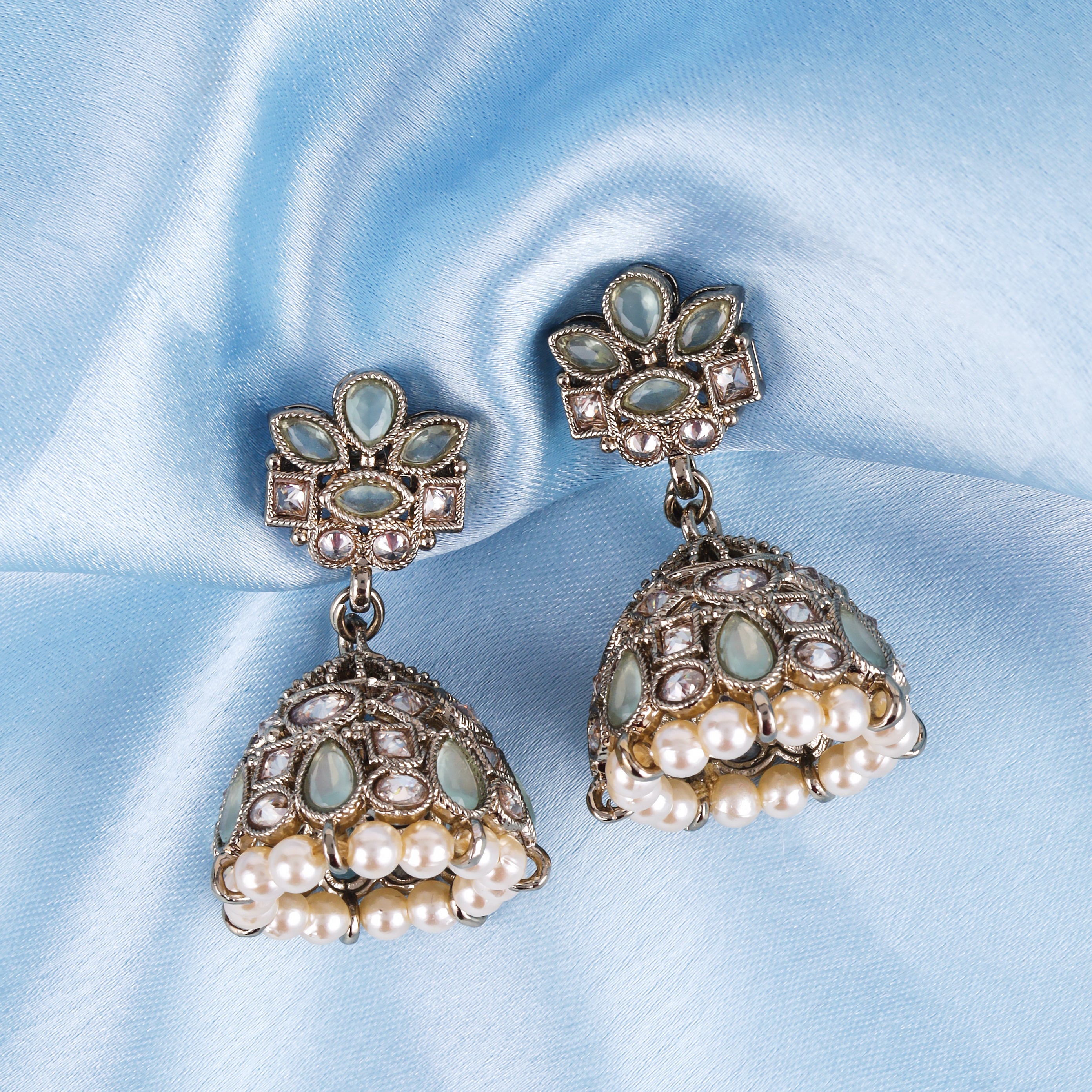 Flower Design Sky Blue Uncut Kundan Stone Antique Gold Plated Jhumki Earrings - Sky Blue Jhumki Earrings by Yashwanti London