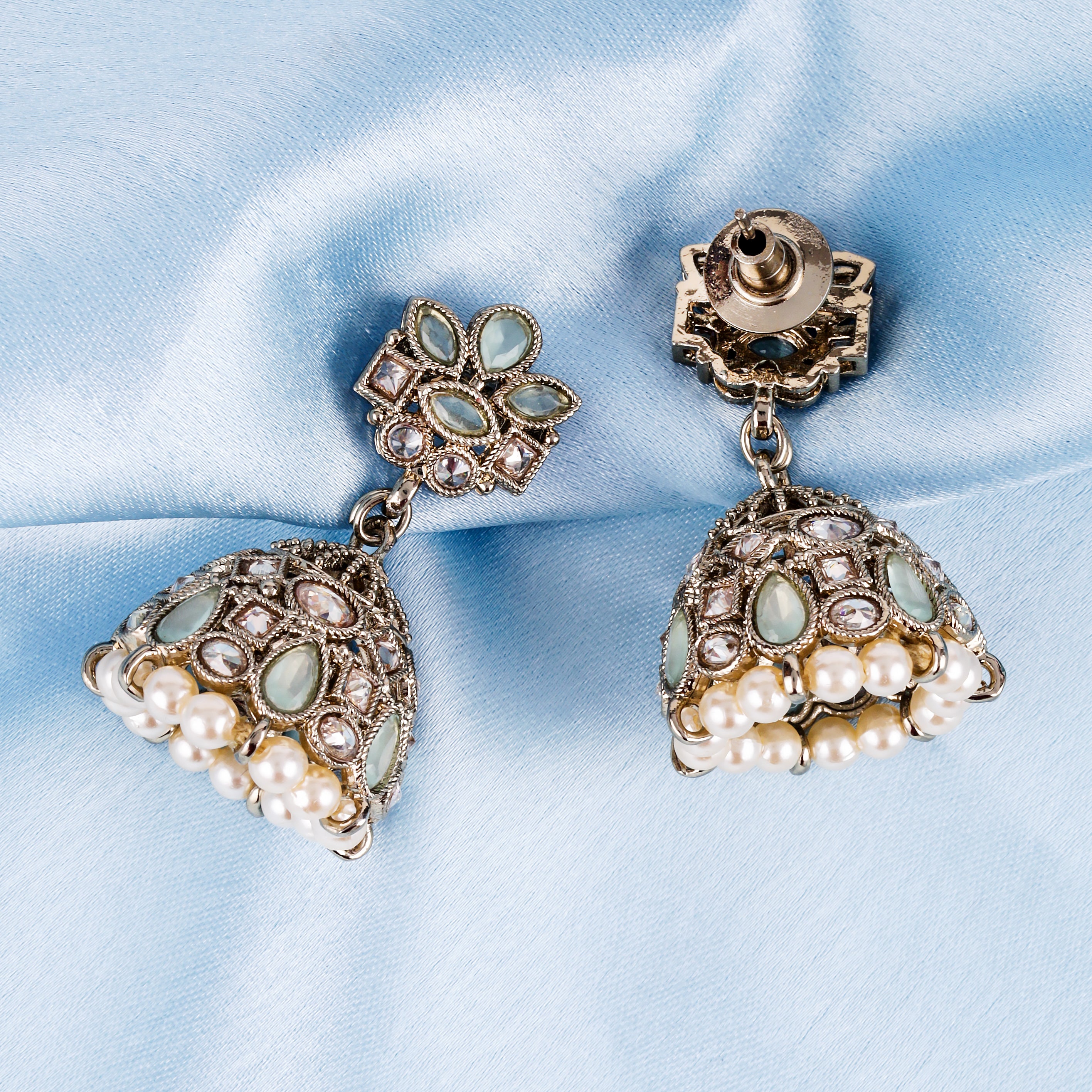 Flower Design Sky Blue Uncut Kundan Stone Antique Gold Plated Jhumki Earrings - Sky Blue Jhumki Earrings by Yashwanti London