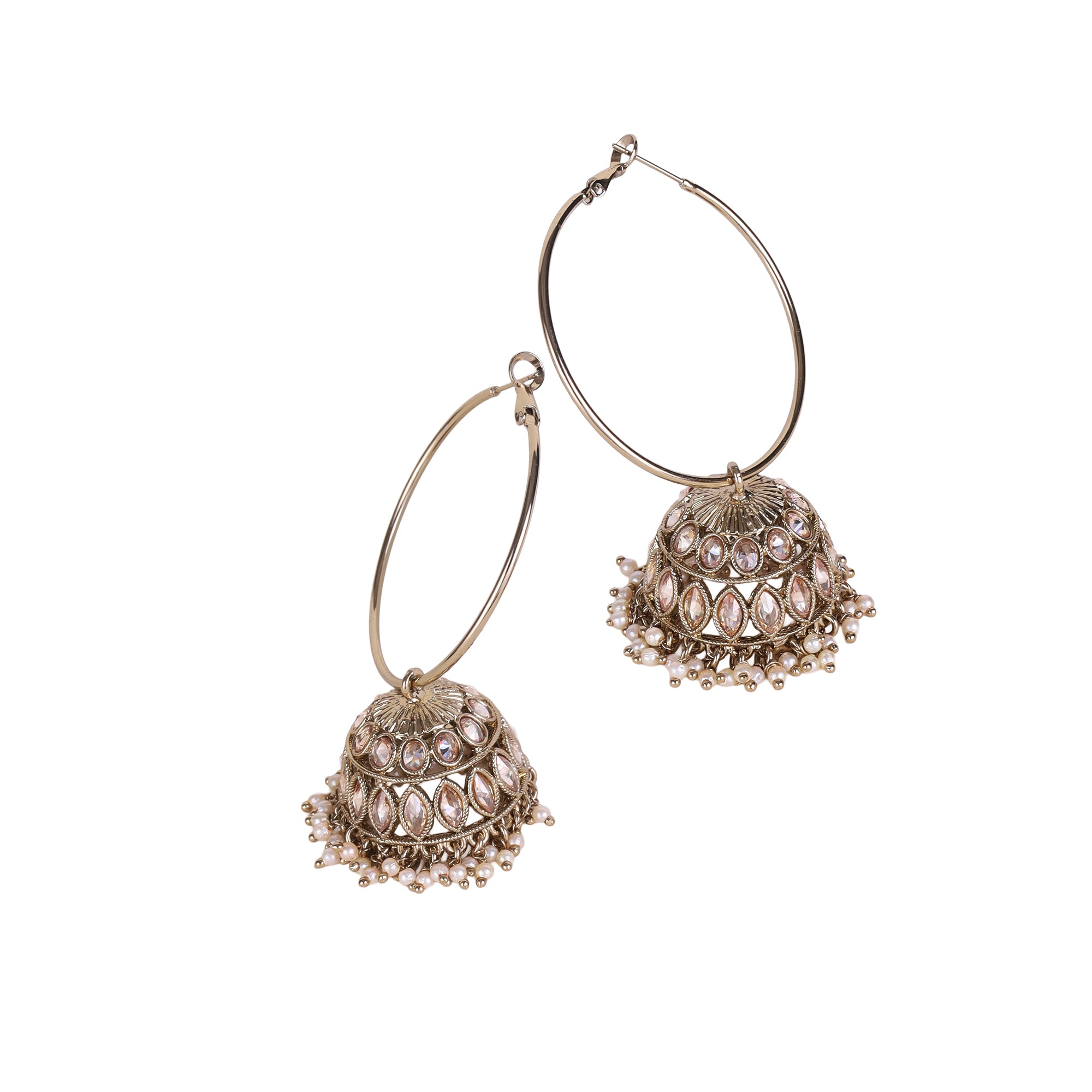 Brown Stone and Pearl AD/Pearl Antique Gold Plated Jhumki Earrings - Brown Jhumki Earrings by Yashwanti London
