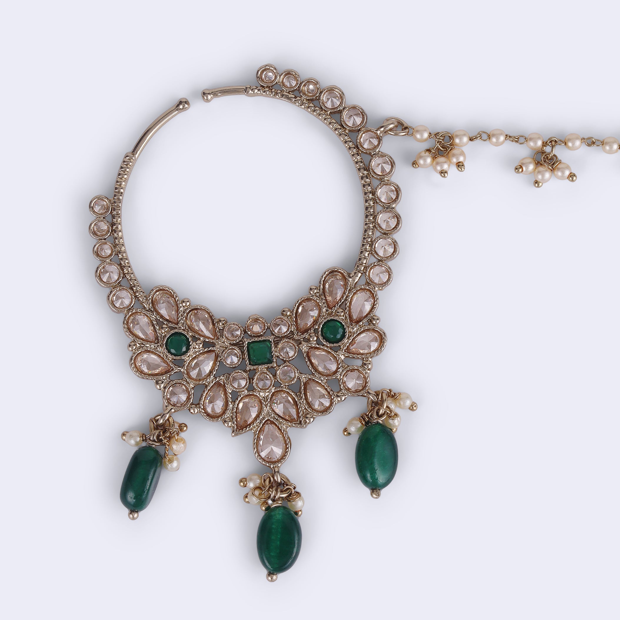 Leaf Shape Crystal Uncut Kundan Gold Plated Nath / Nose Ring - Green Nath / Nose Ring by Yashwanti London