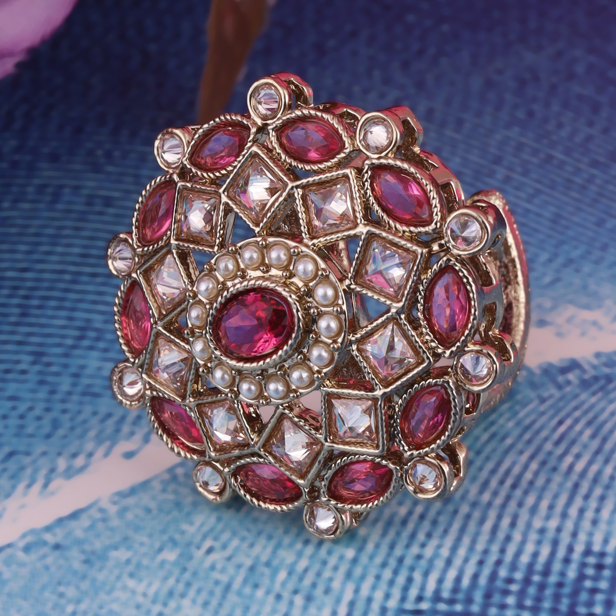 Round and Square Shape Uncut Kundan Gold Plated Adjustable Ring - Multi Adjustable Ring by Yashwanti London