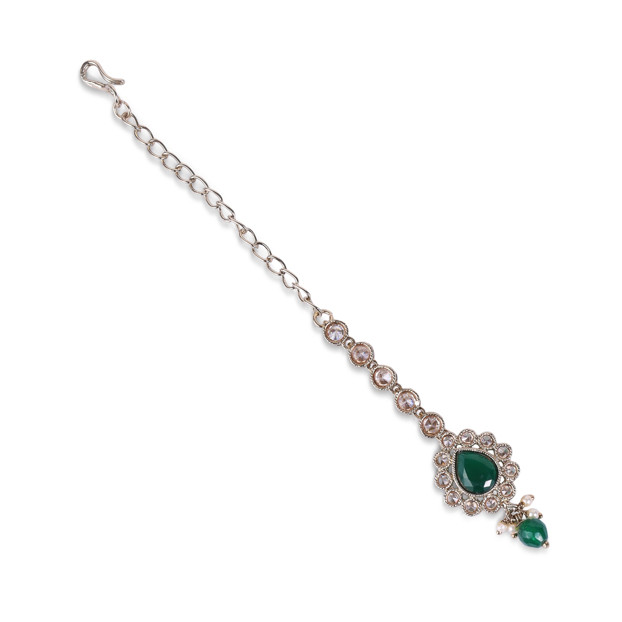 Oval Shape Uncut Kundan Silver Gold Plated Maang Tikka - Green Maang Tikka by Yashwanti London