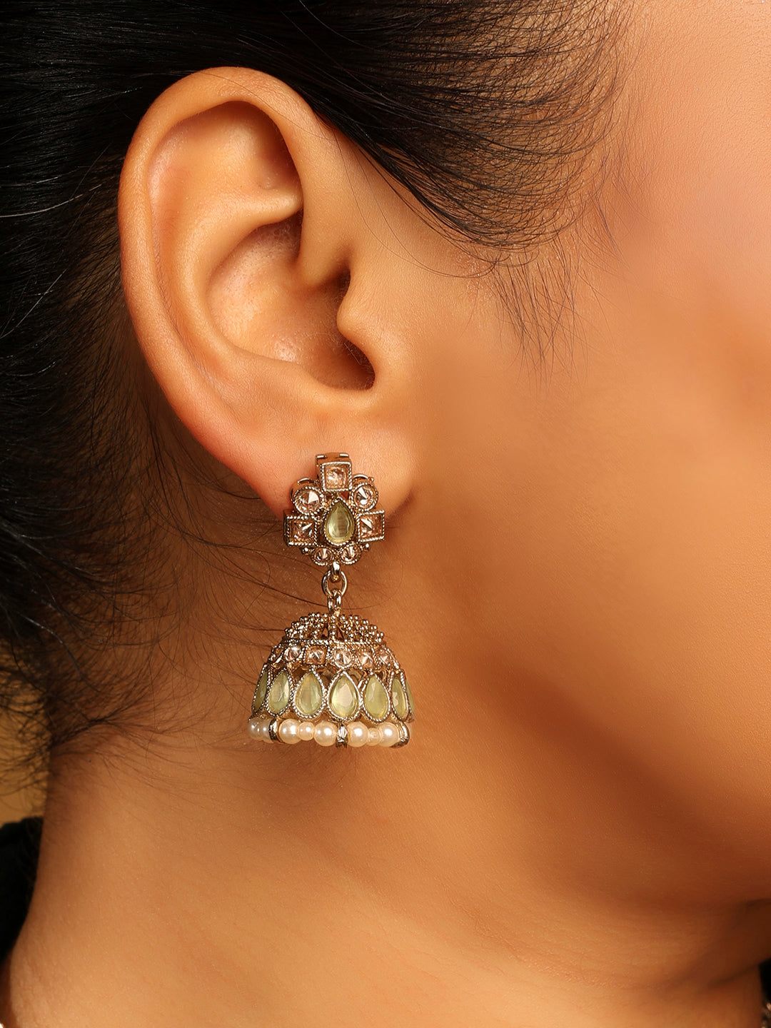 Oval Shape Sky Blue Uncut Kundan Stone Antique Gold Plated Jhumki Earrings - Sky Blue Jhumki Earrings by Yashwanti London