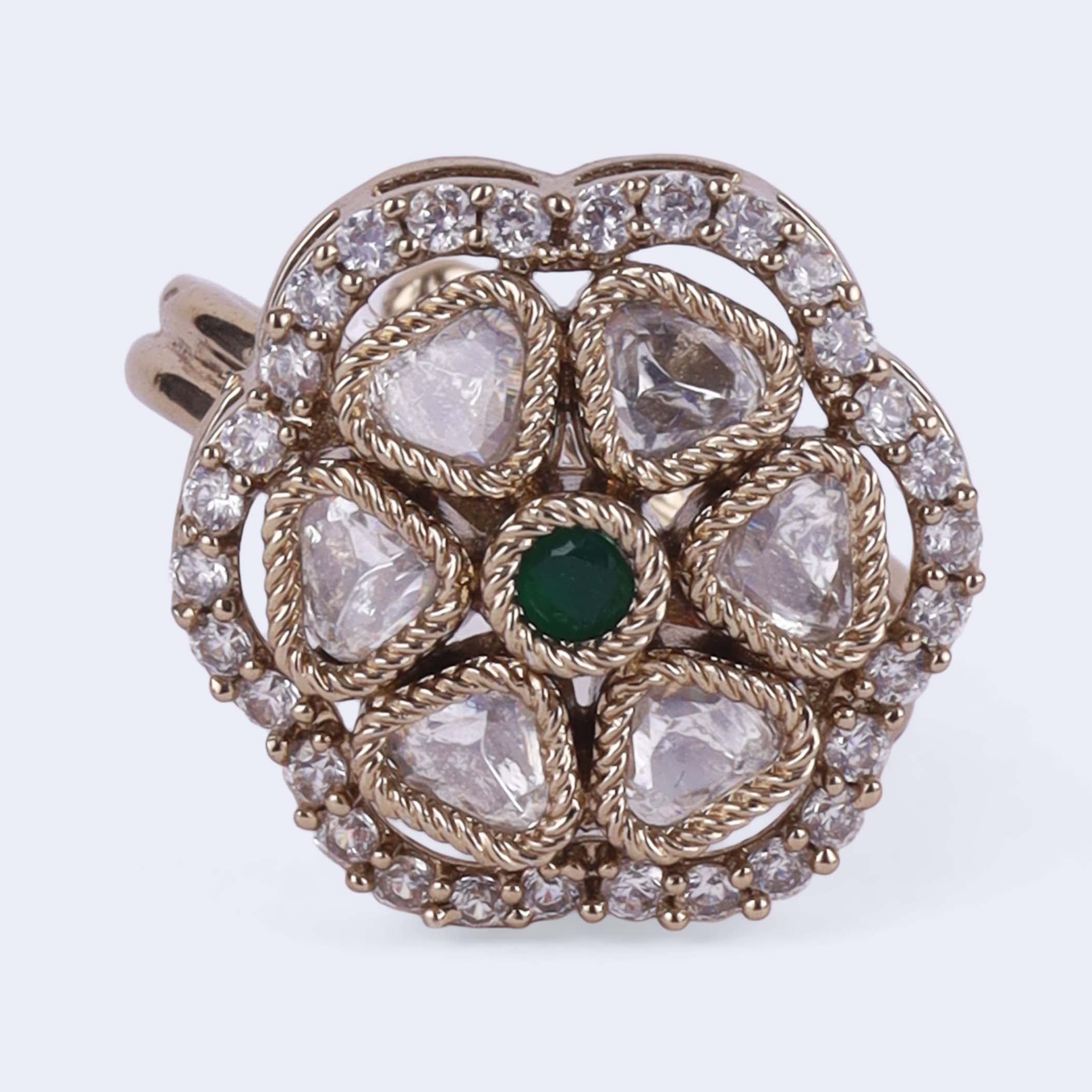 Round and Trangle Shape Uncut Kundan Gold Plated Adjustable Ring - White Adjustable Ring by Yashwanti London