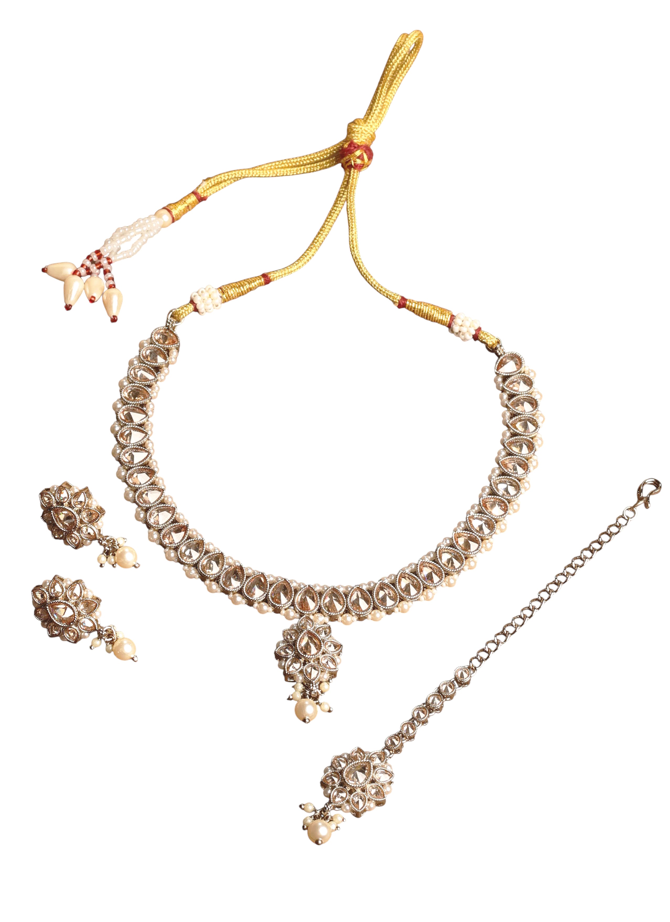 Flower and Oval Shape Uncut Kundan Antique Gold Plated Choker Necklace Set - Brown Choker Necklace Set by Yashwanti London