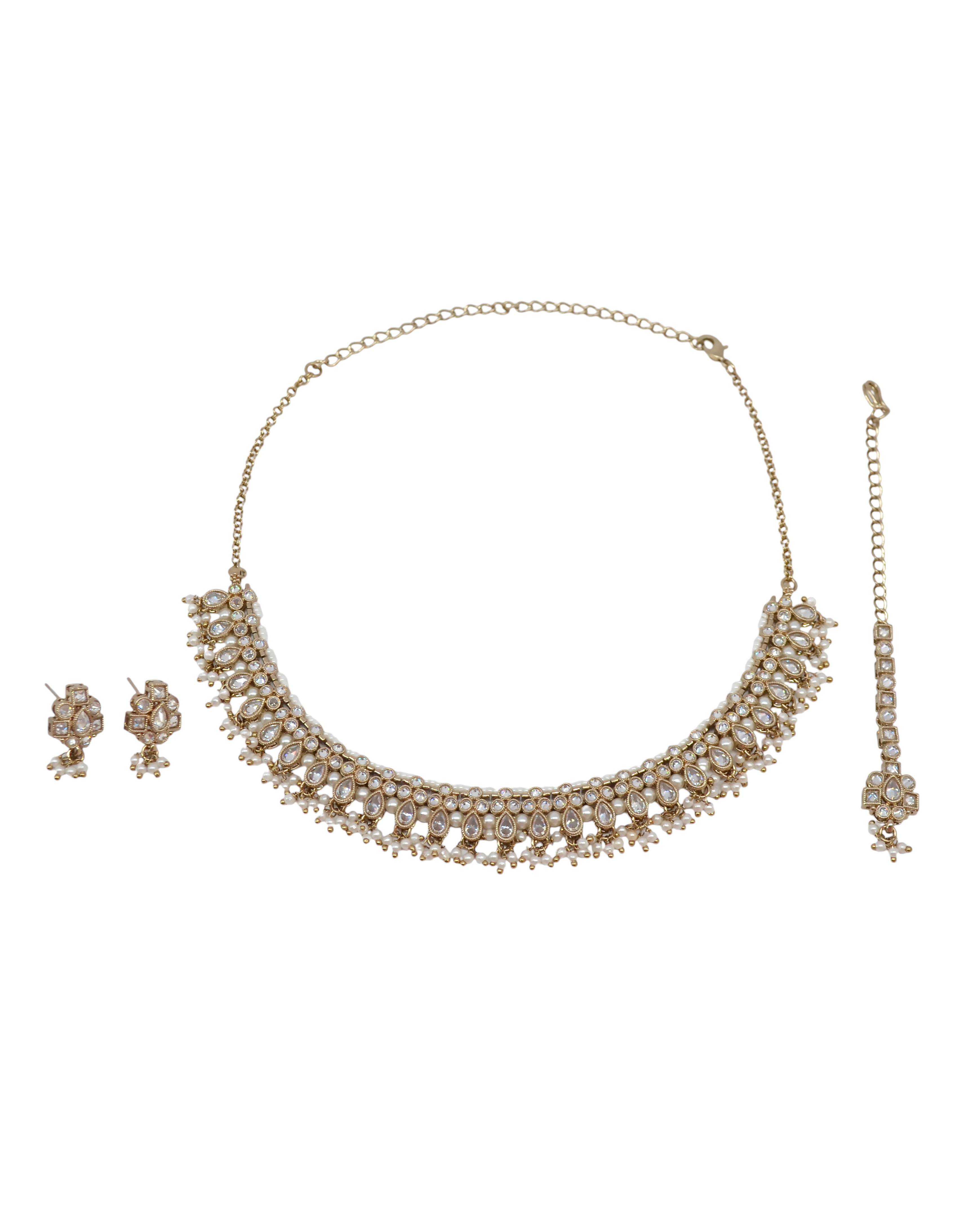 Pear Shape Pearl Guchha Uncut Kundan Antique Gold Plated Necklace Set With Maang Tikka - White Necklace Set With Maang Tikka by Yashwanti London