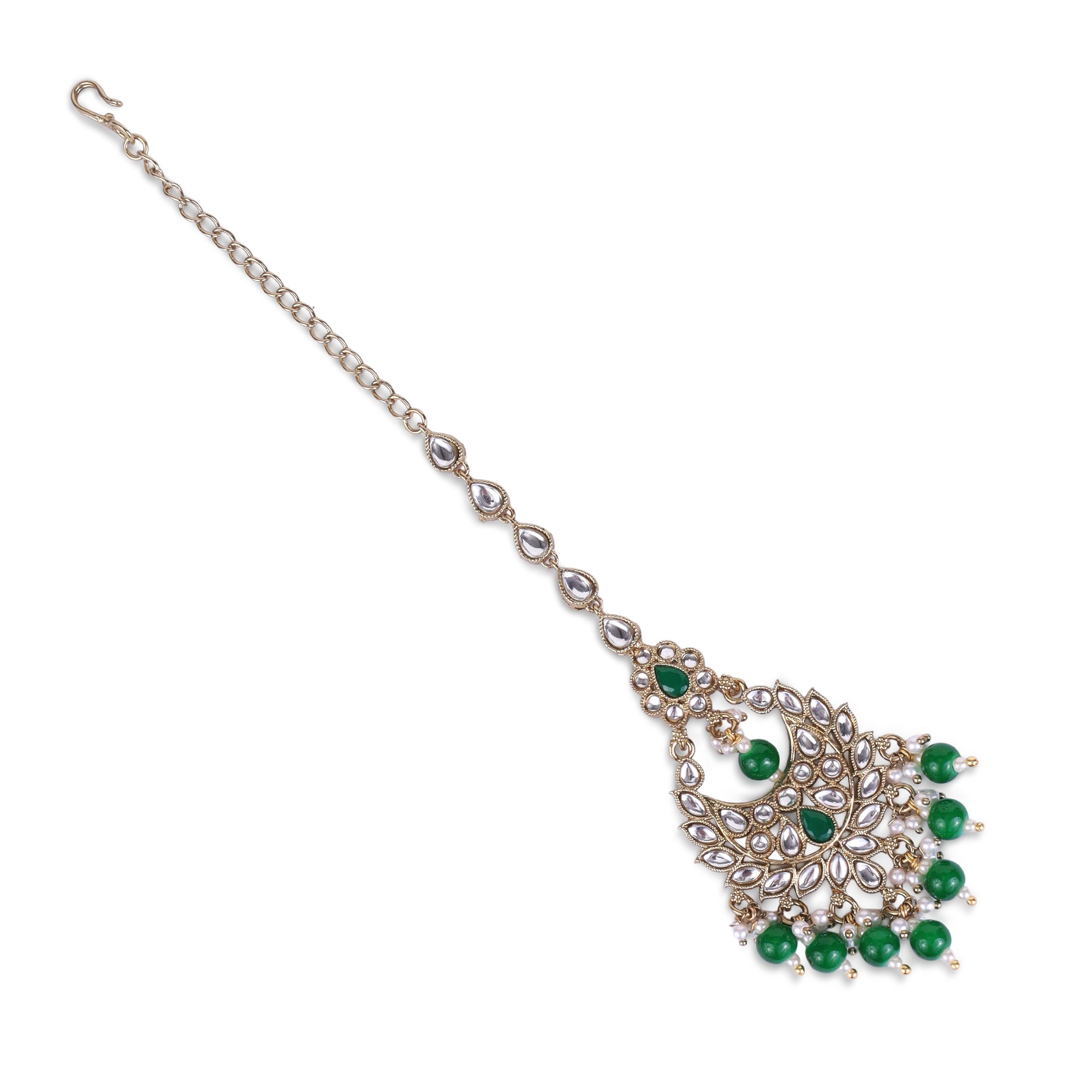 Chandiler and Flower Shape Uncut Kundan Silver Gold Plated Maang Tikka - Green Maang Tikka by Yashwanti London