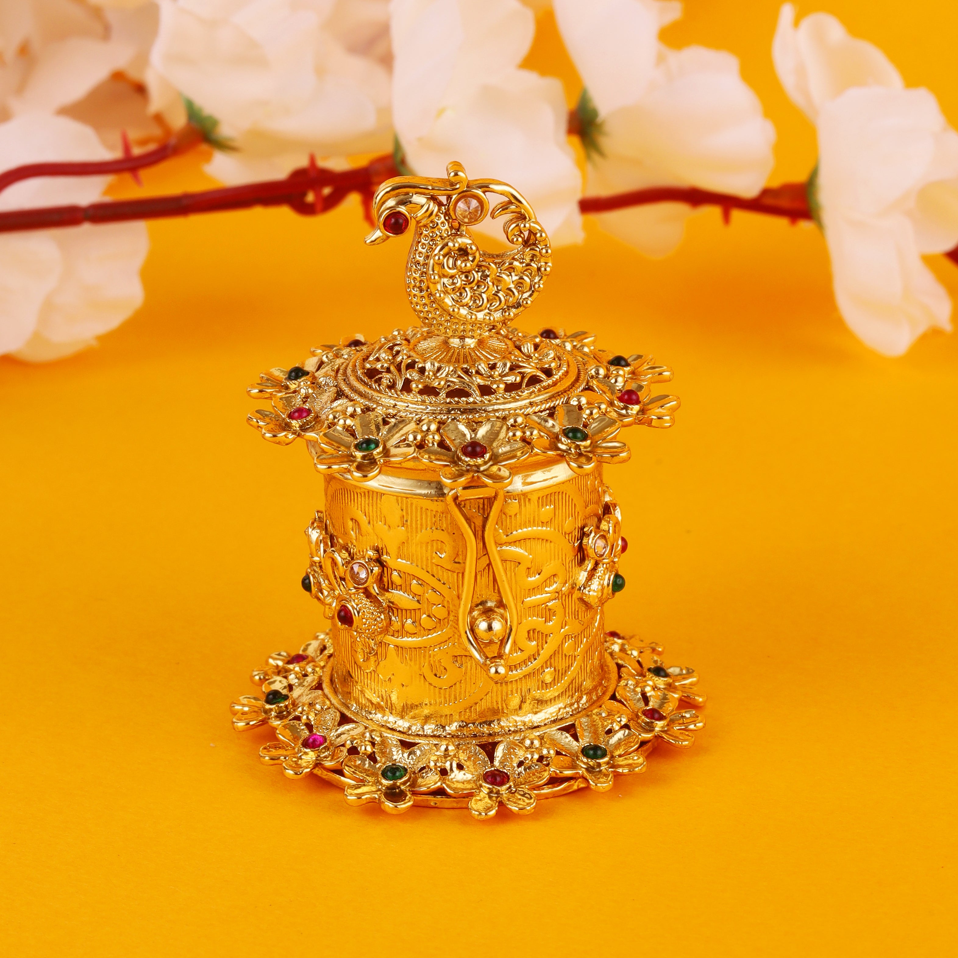 Peacock and Flower Design Beads Gold Plated Sindoor Dani - Gold Sindoor Dani by Yashwanti London