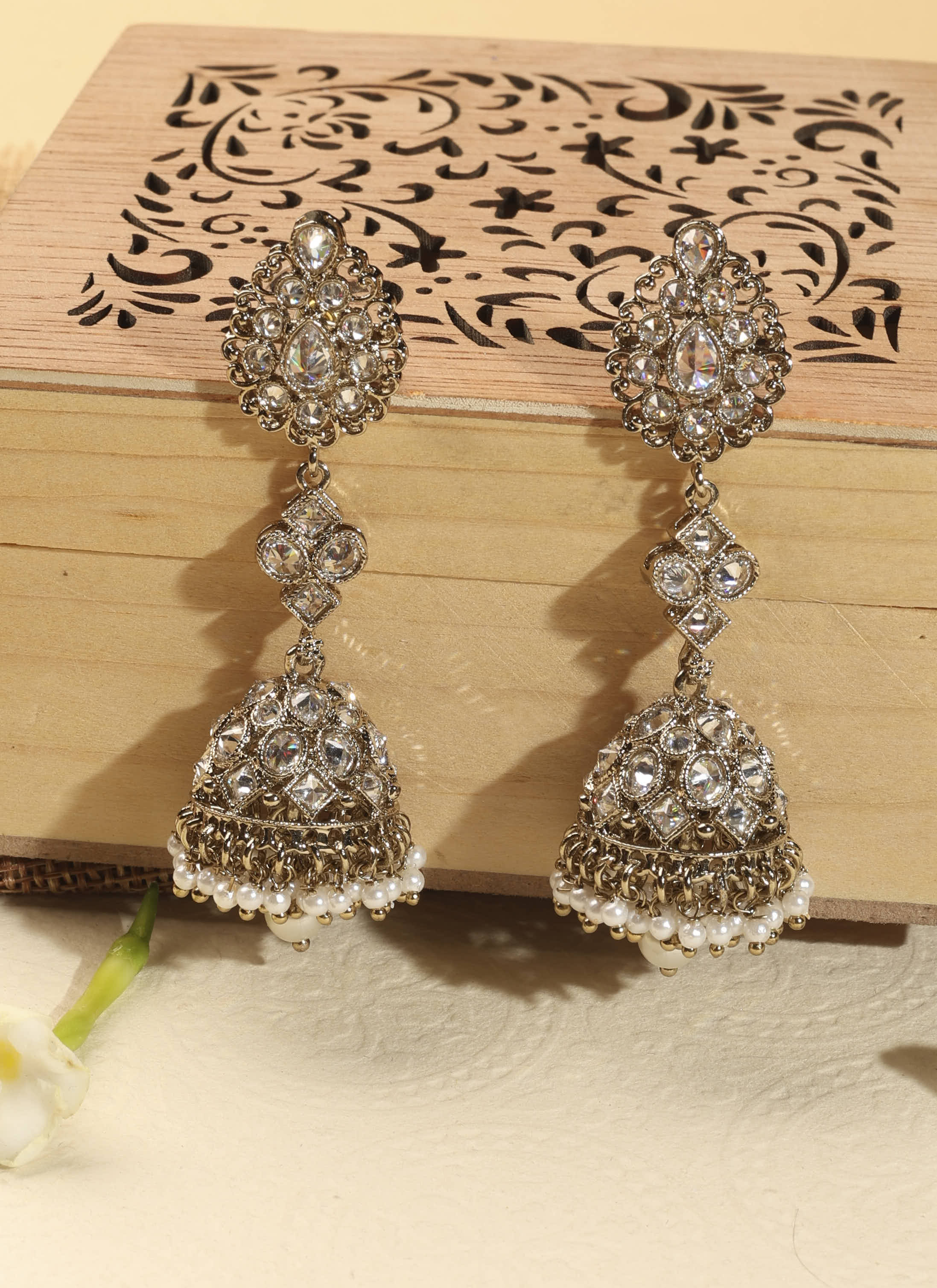 Oval Shape Uncut Kundan Antique Gold Plated Jhumki Earrings - White Jhumki Earrings by Yashwanti London