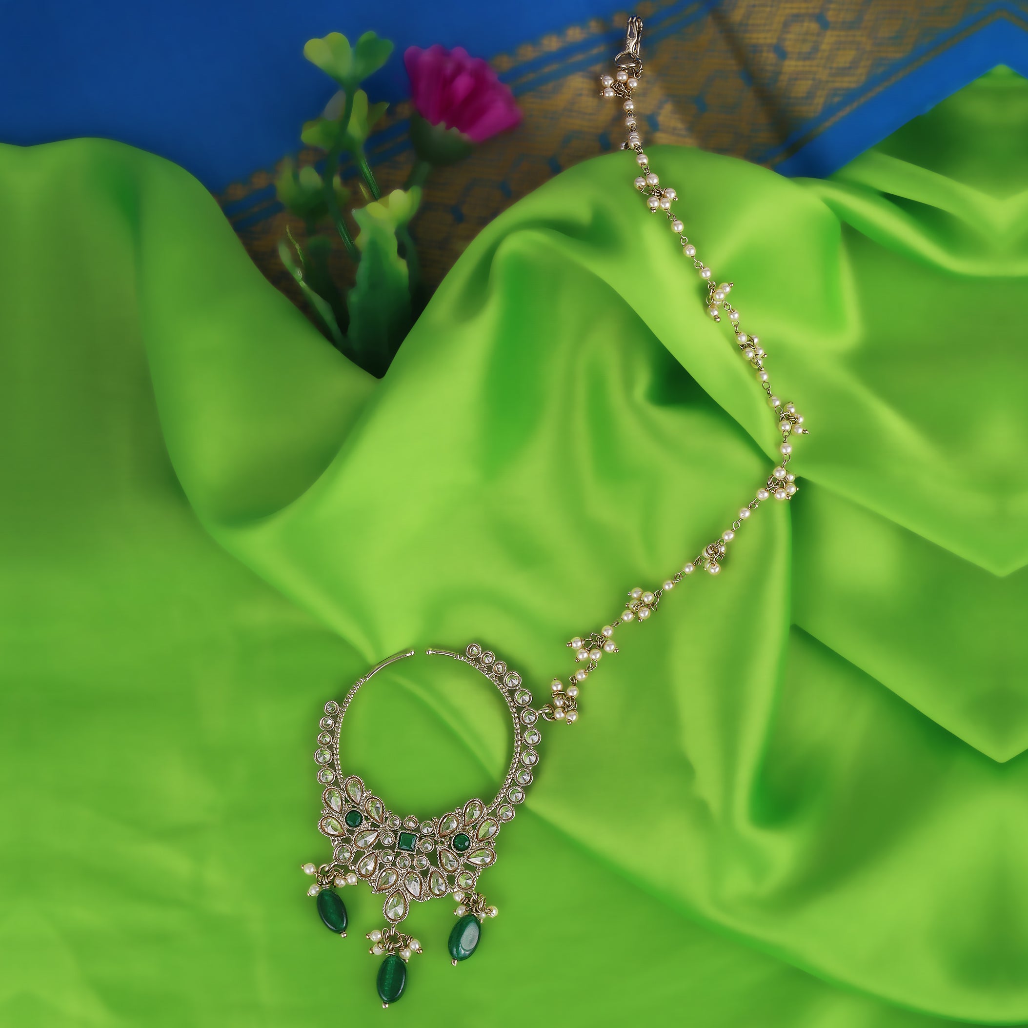 Leaf Shape Crystal Uncut Kundan Gold Plated Nath / Nose Ring - Green Nath / Nose Ring by Yashwanti London