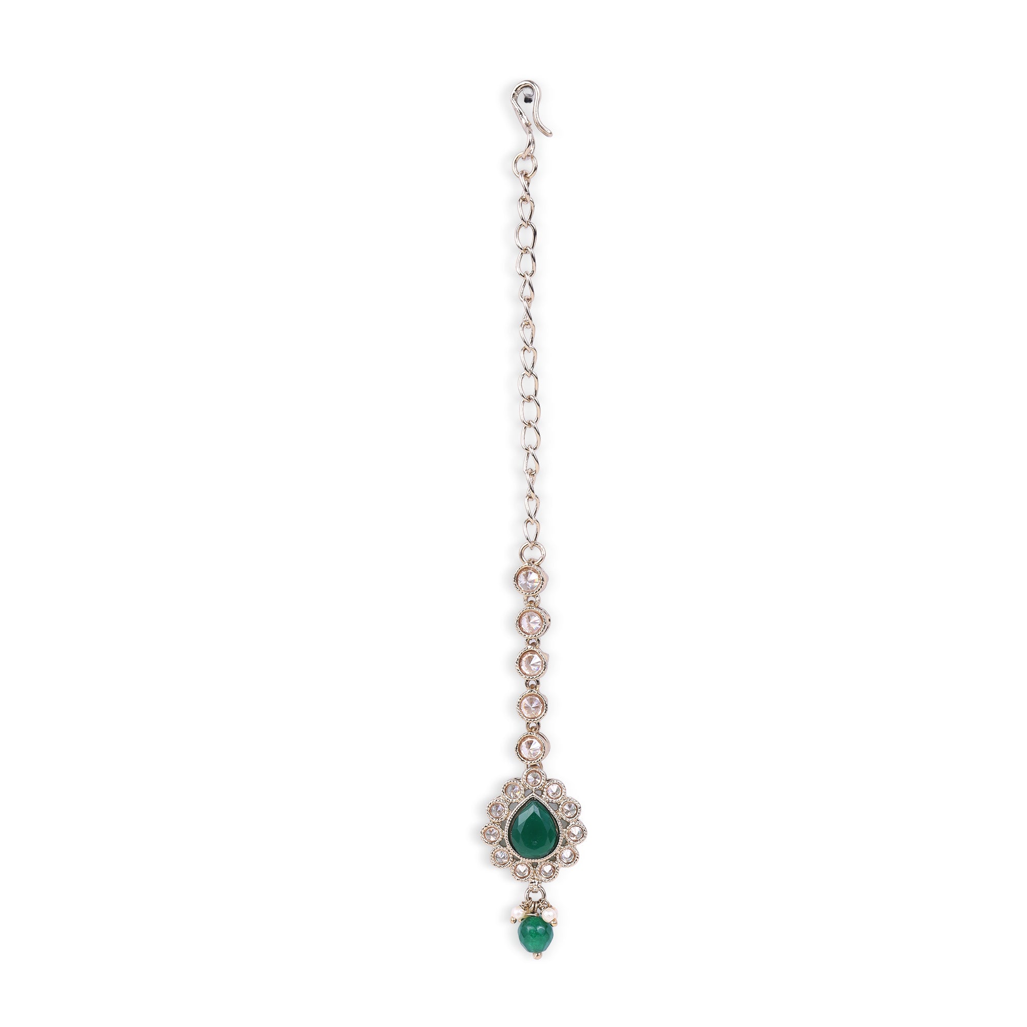 Oval Shape Uncut Kundan Silver Gold Plated Maang Tikka - Green Maang Tikka by Yashwanti London