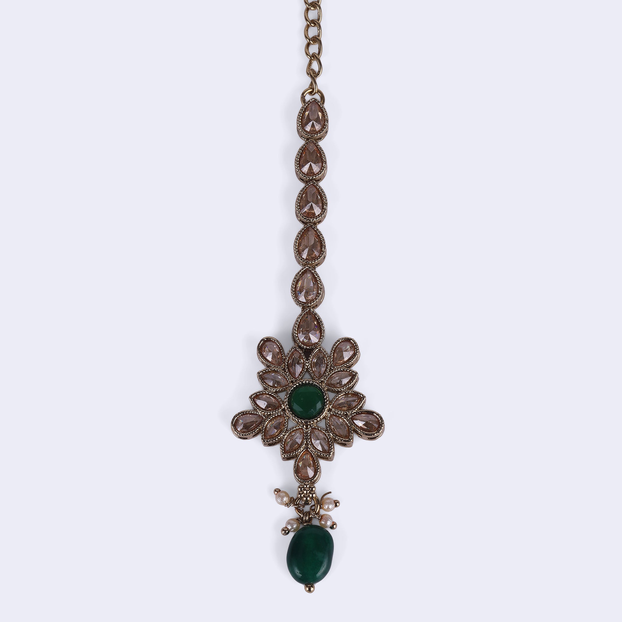 Flower and Oval Shape Uncut Kundan Gold Plated Maang Tikka - Green Maang Tikka by Yashwanti London