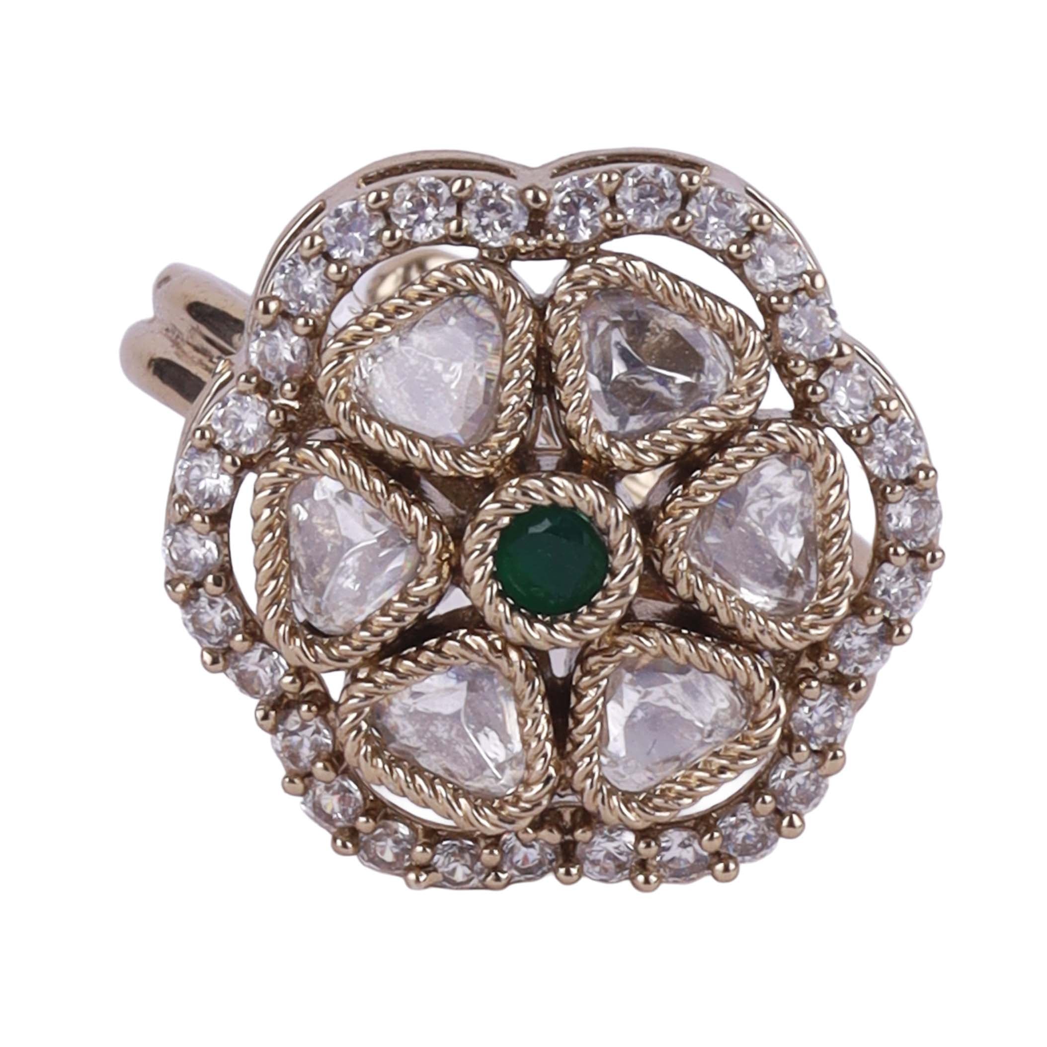 Oval Shape White Stone Uncut Kundan Antique Gold Plated Adjustable Ring - Green and White Adjustable Ring by Yashwanti London