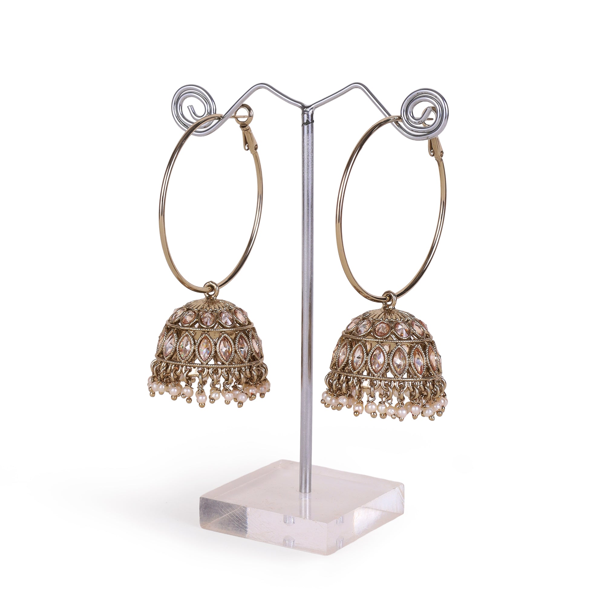 Brown Stone and Pearl AD/Pearl Antique Gold Plated Jhumki Earrings - Brown Jhumki Earrings by Yashwanti London