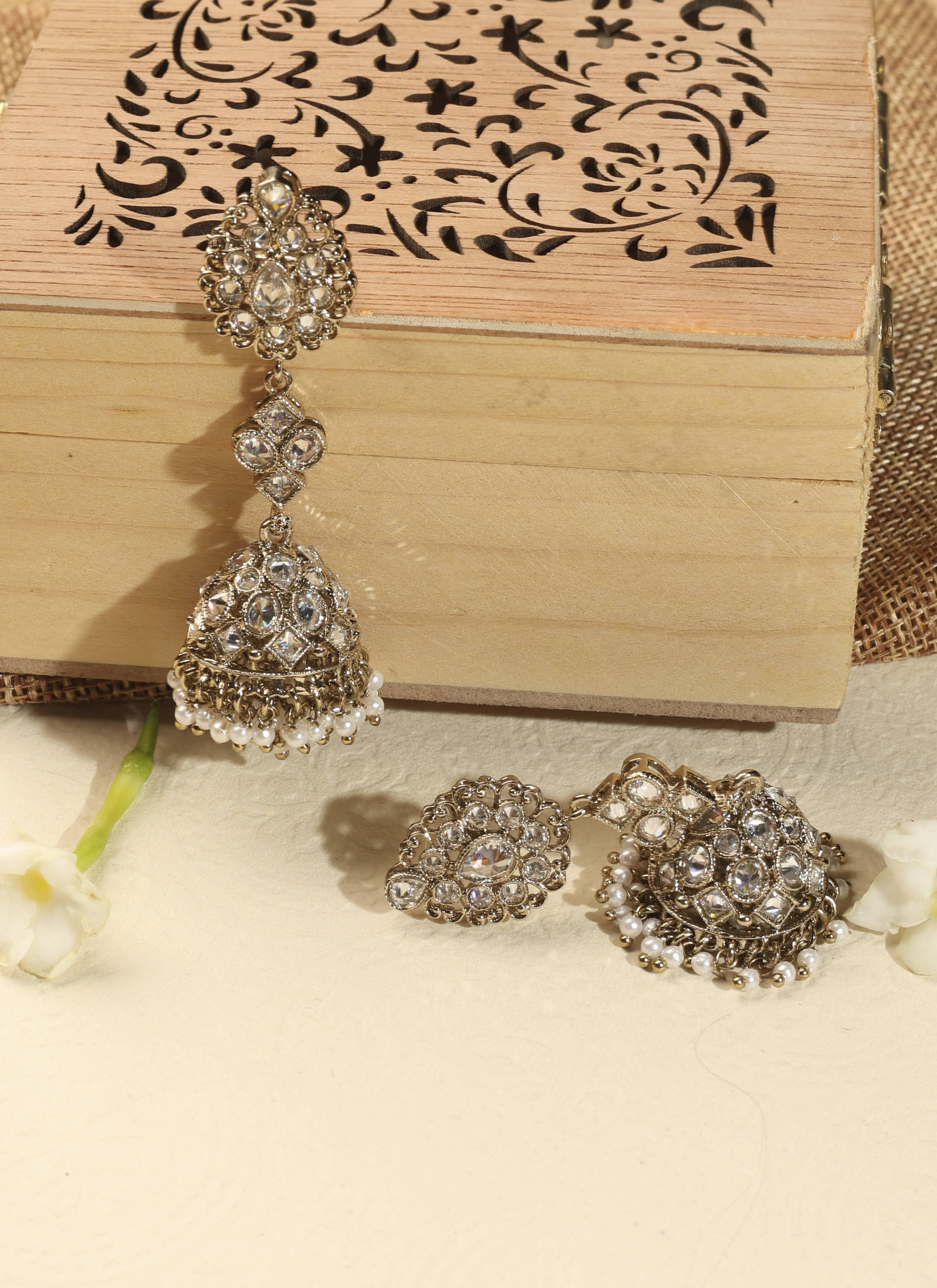 Oval Shape Uncut Kundan Antique Gold Plated Jhumki Earrings - White Jhumki Earrings by Yashwanti London