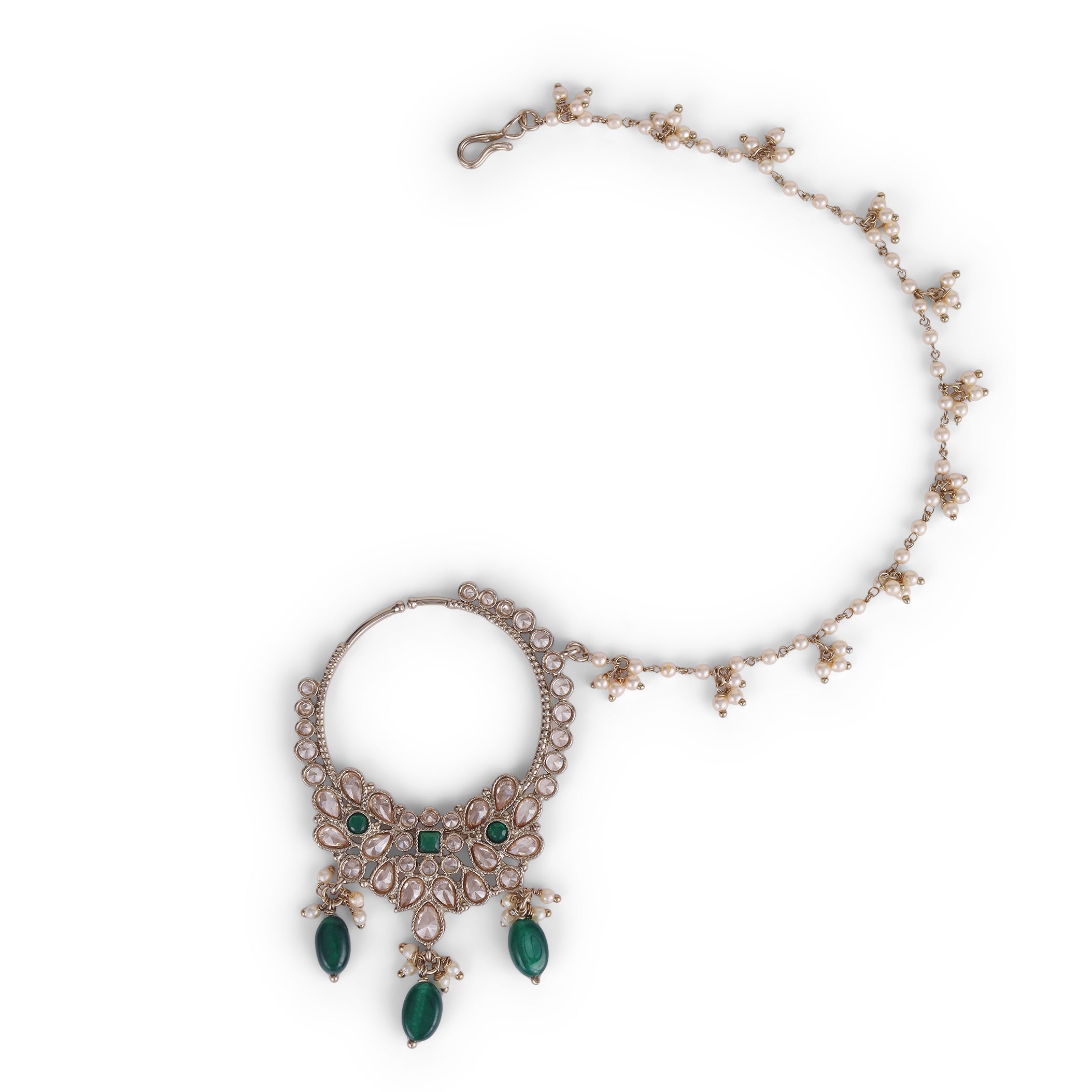 Leaf Shape Crystal Uncut Kundan Gold Plated Nath / Nose Ring - Green Nath / Nose Ring by Yashwanti London