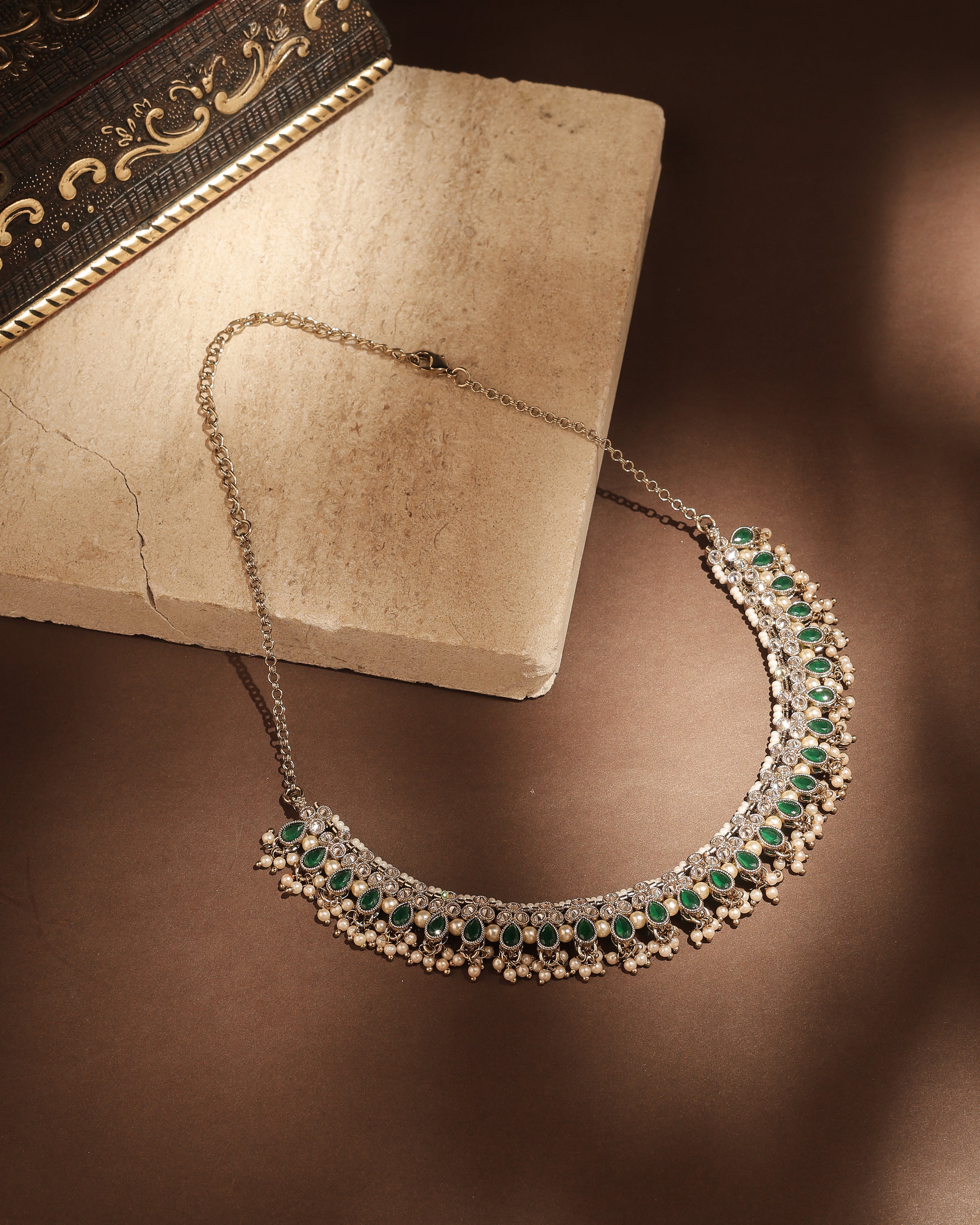 Pear Shape Pearl Guchha Uncut Kundan Antique Gold Plated Necklace Set With Maang Tikka - Green Necklace Set With Maang Tikka by Yashwanti London