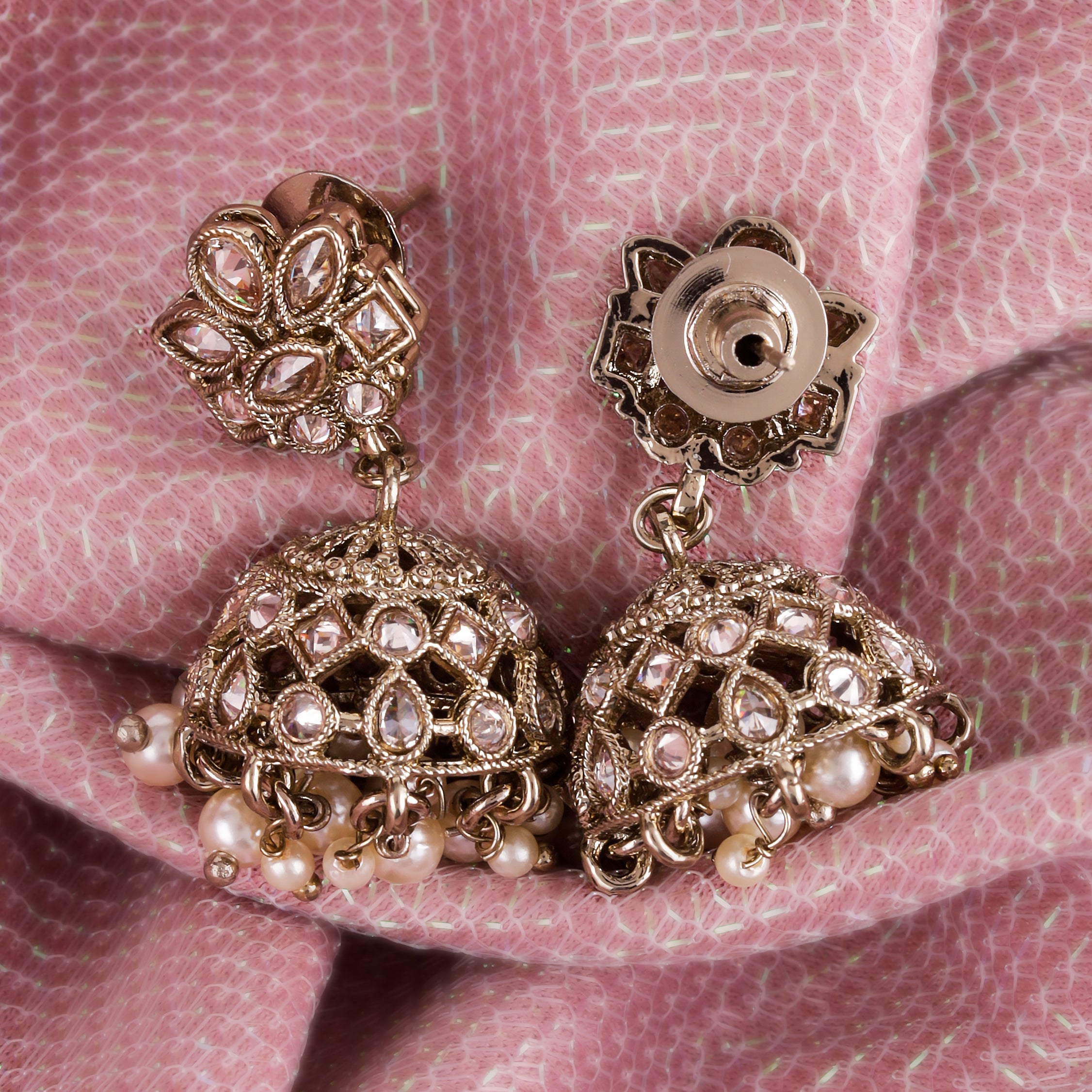 Flower Design Brown Uncut Kundan Stone Antique Gold Plated Jhumki Earrings - Brown Jhumki Earrings by Yashwanti London