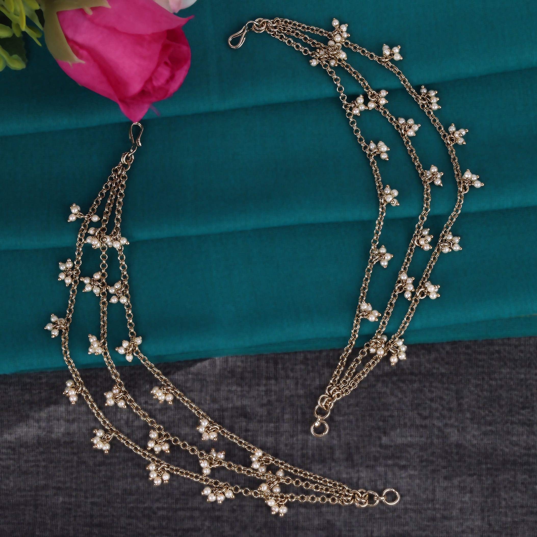 3 String Long Chain Pearl Gold Plated Ear Chain / Kaanchain - Gold Ear Chain / Kaanchain by Yashwanti London